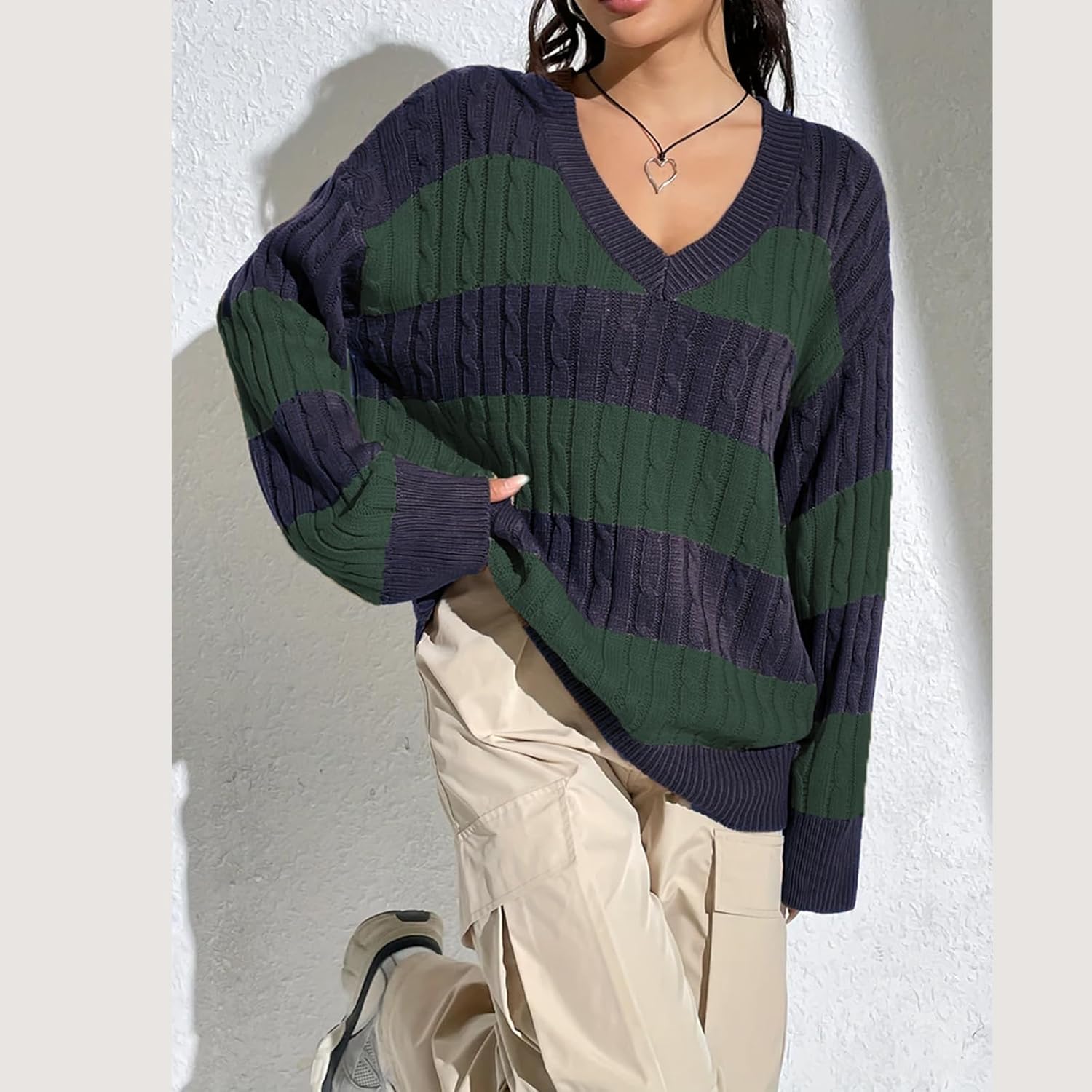 Women Y2K Striped Sweater 90s Vintage Aesthetic Long Sleeve V-Neck Knit Pullover Jumper Loose Fall Sweatshirt - Image 2