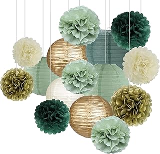 zilue Sage Green Party Decorations, Paper Lanterns and Pom Poms Flowers for Birthday Party Baby Shower Wedding Shower Decor Gold/Ivory/Sage Green 15pcs