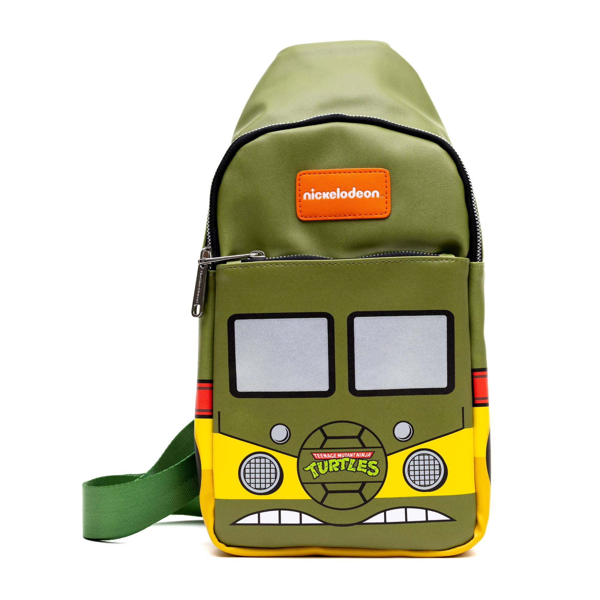 Nickelodeon Vegan Leather Crossbody Sling Bag, Teenage Mutant Ninja Turtles Party Van Close Up, Olive Green, 7" x 14"