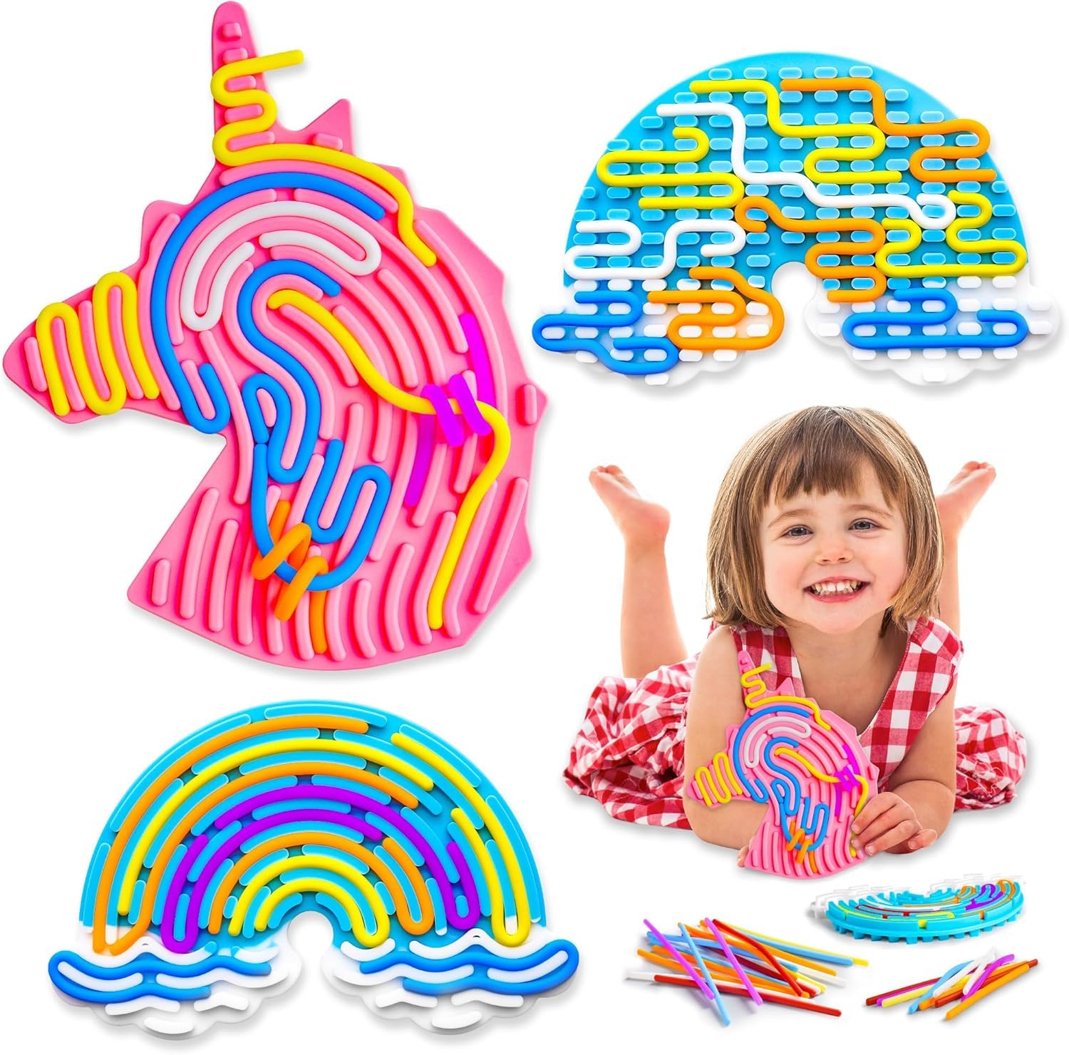 TMZELOA 2 Pcs Sensory Activity Board for Kids  Cloud & Dinosaur Silicone Fidget Toys with 22 Cords, Double-Sided Stress Relief Autism ADHD Toys, Montessori Travel Quiet Toy Gift Age 3+