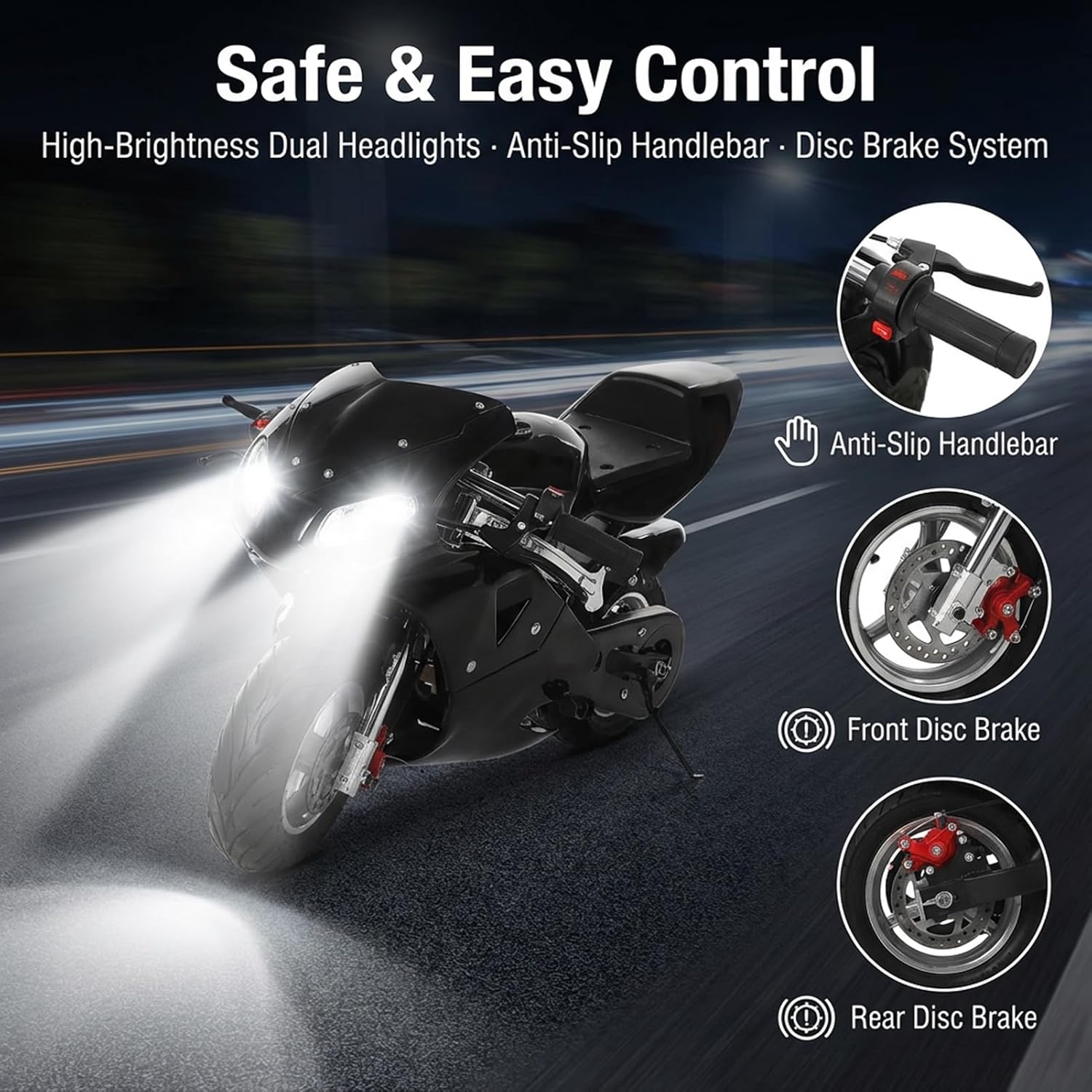 [US Fast Arrival] Kids Pocket Bike, 49cc 2 Stroke Mini Motorcycle for Youth, Gas Pocket Motorbike, Dual Disc Brakes, Dual Headlights, Up to 20Mph, Weight Support Up to 170LBS, 20 Miles Range (Black)