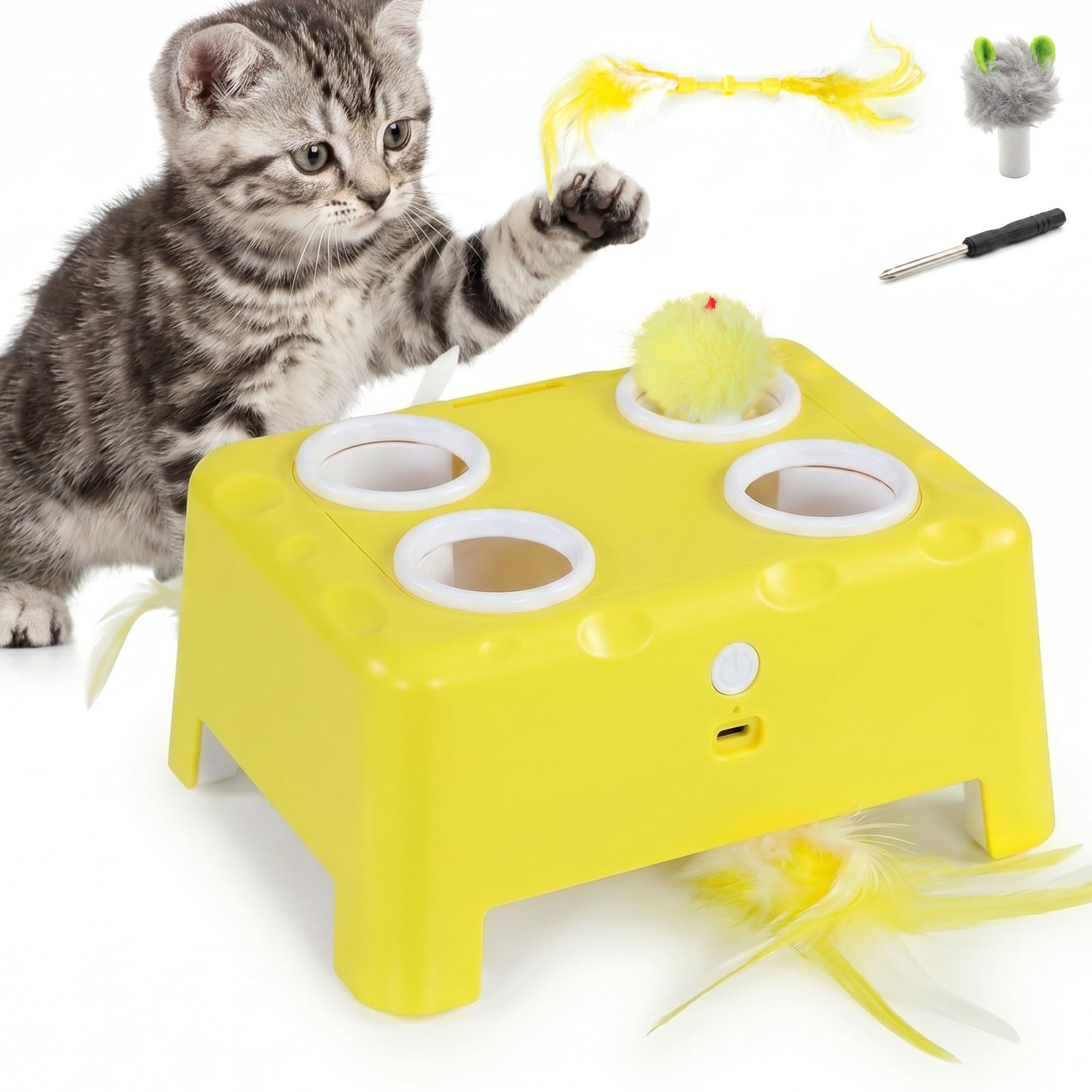 PawHut Interactive Cat Toys for Indoor Kittens & Adult Cats, Rechargeable Automatic Mouse & Feather Teaser Toy, 3 in 1 Play Modes with Smart Rest, Type-C Charging