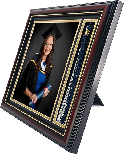 Miniatura 9 de Marco de caja de sombra de fotos de graduación con soporte de borla para fotos de 5 x 7, vidrio real de madera maciza, doble paspartú negro sobre