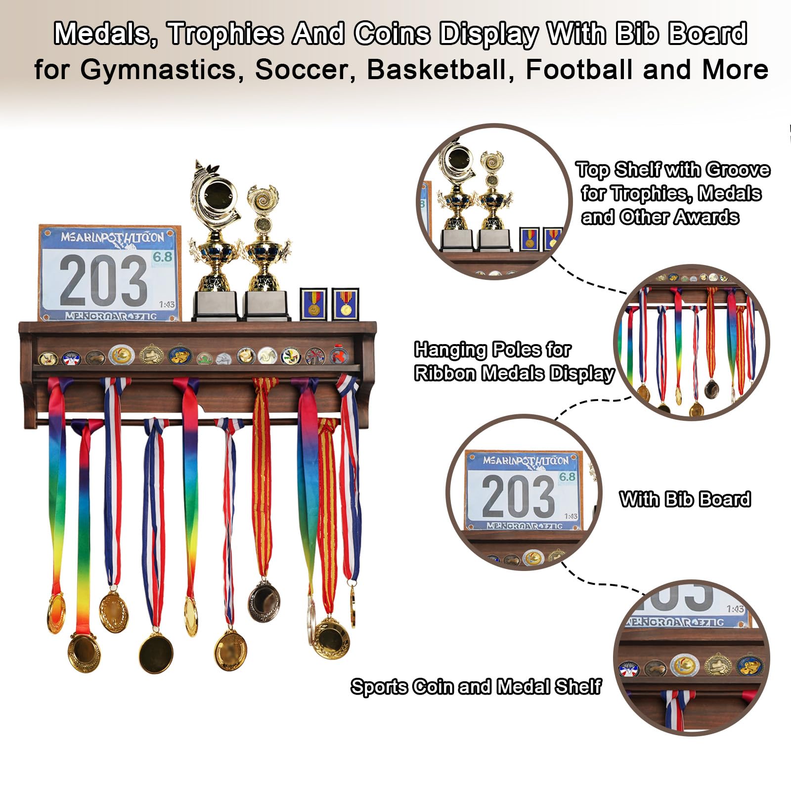 Medaillenaufhänger aus Massivholz, Medaillenhalter, Wandmontage, Trophäenregal für Gymnastik, Fußball, Basketball, Fußball und andere Sportarten mit Latzbrett für Marathonrennen, Walnuss