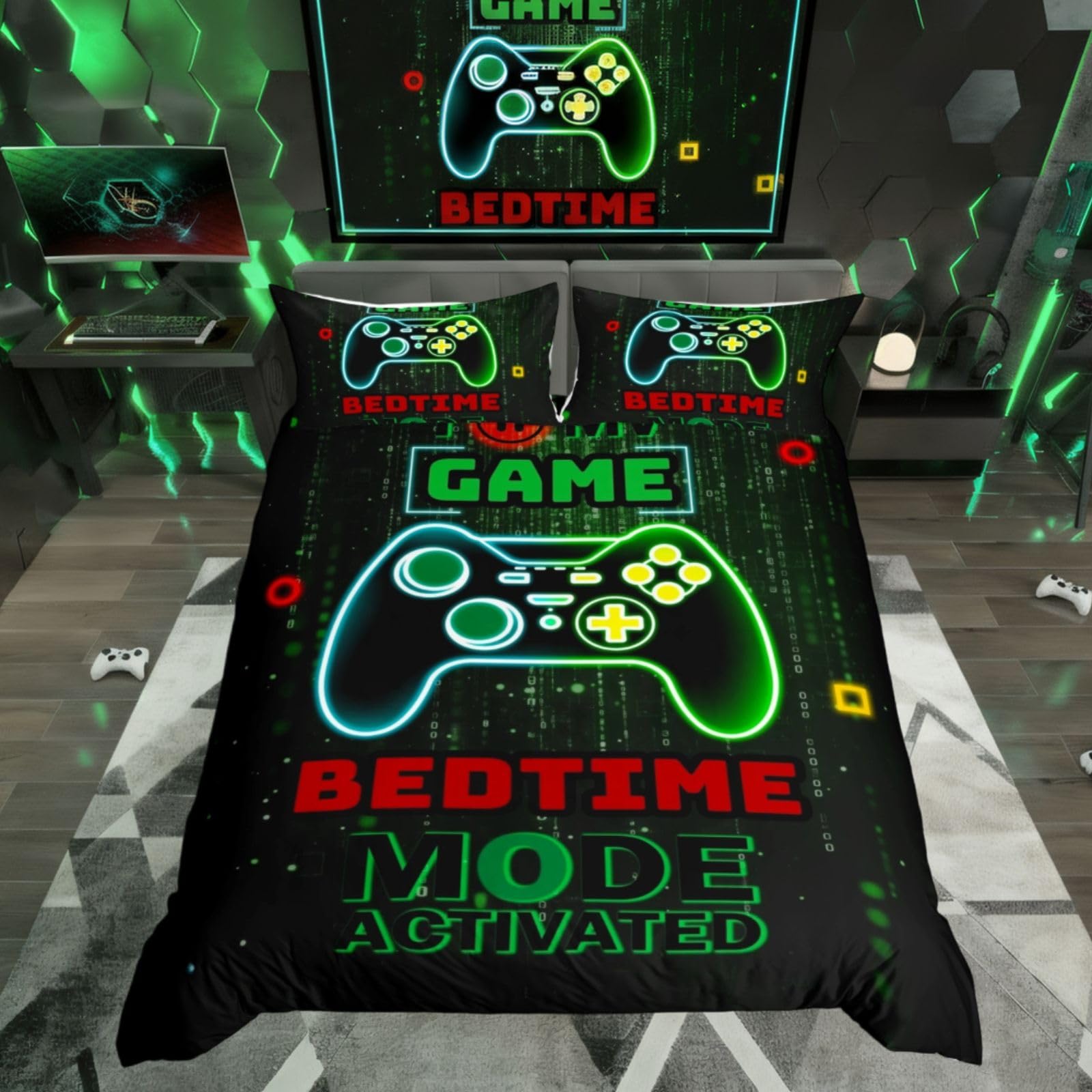 Homewish Gaming Bedding Super King Size, Gamer Reversible Duvet Cover Sets for Kids Boys Men, Cool Modern Gamepad Pattern Bedding Sets, Neon Gaming Controllers Design Bed Sets, Black Green