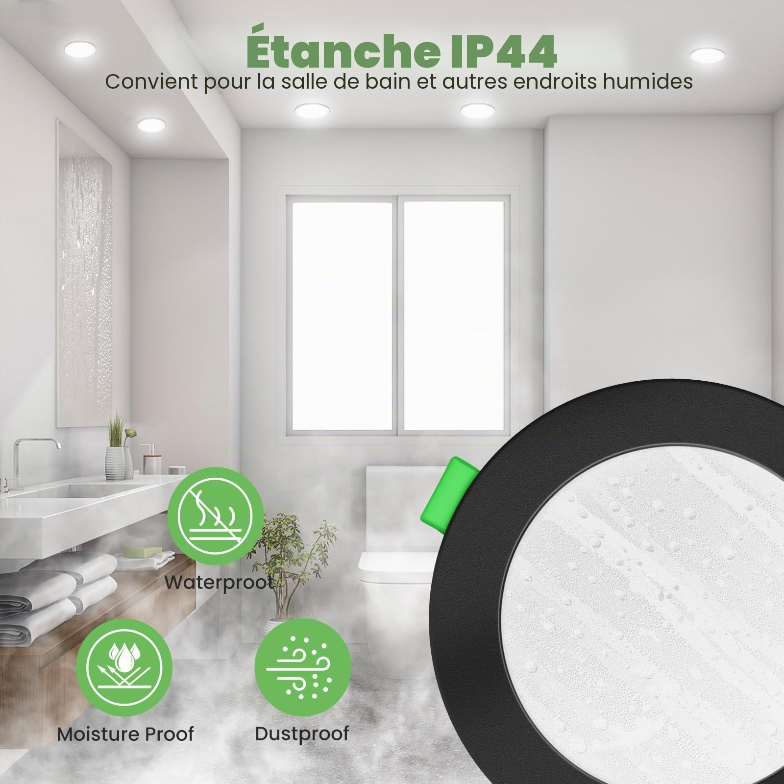 ALUSSO Spot LED Encastrable Extra Plat, 10W 1050LM Dimmable IP44 Spot Etanche Salle de Bain, 3CCT Blanc Chaud 3000K Blanc Neutre 4000K Blanc Froid 6500K, Trou Φ90-100MM, AC220-240V, Noir, Lot de 12