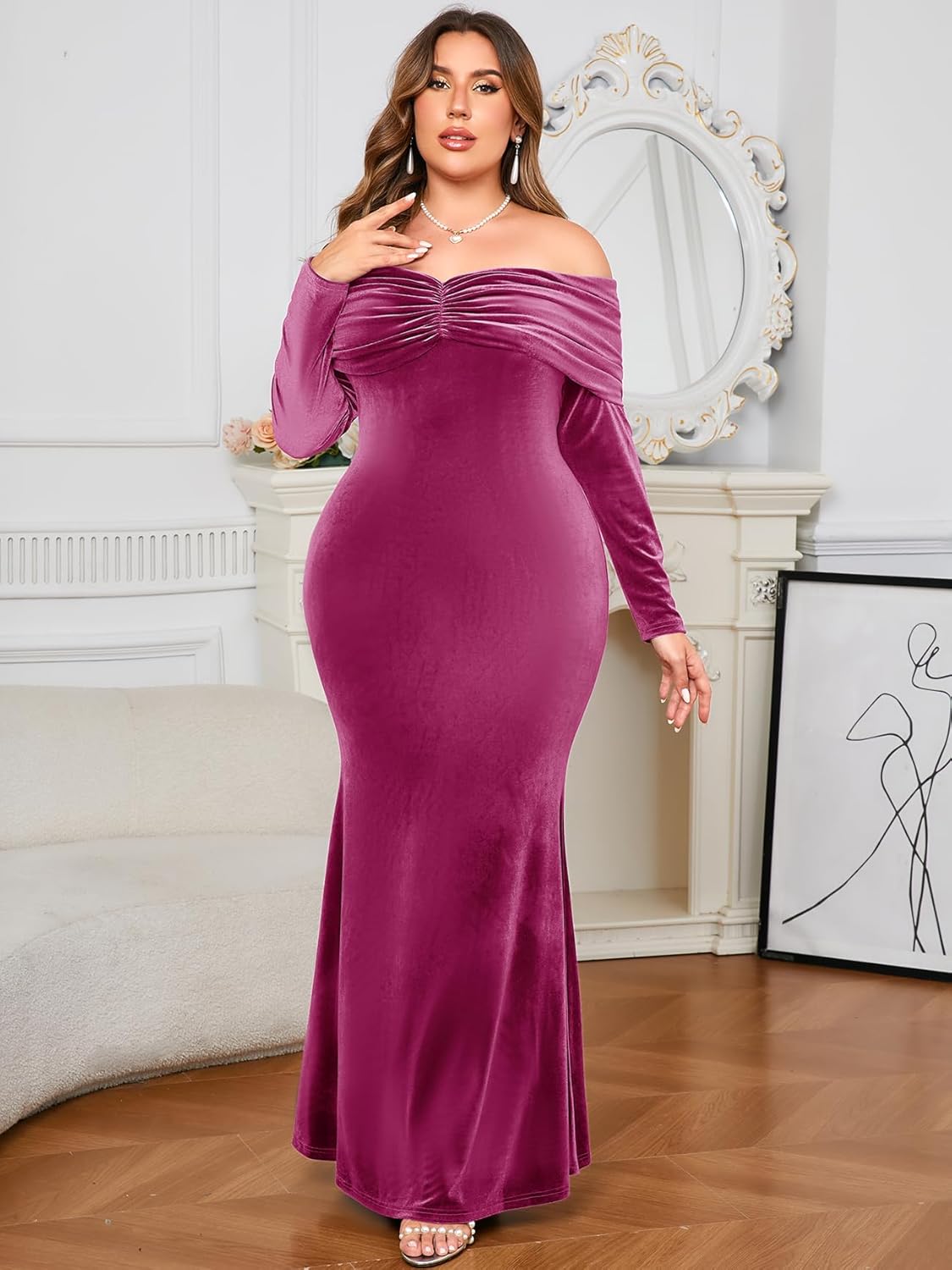ZOMVA Plus Size Off Shoulder Velvet Dress Long Sleeve Mermaid Bodycon Maxi Evening Gown for Cocktail Party Wedding Guest - Image 4