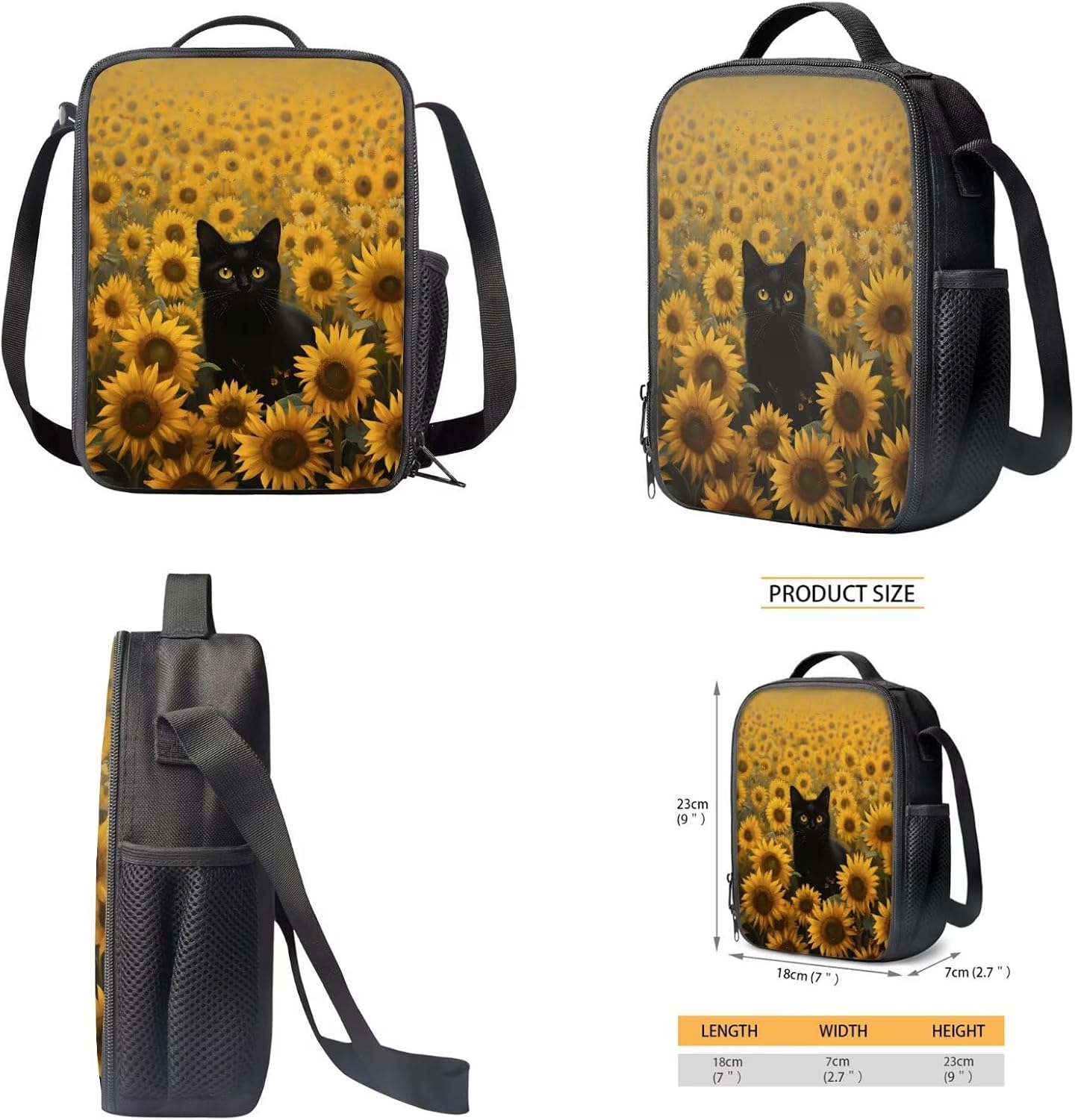 Xoenoiee Black Cat Sunflower Pattern 3Pcs Bookbag+Lunch Box+Pencil Bag for Students 17in Large School Bag Backpack Set for Boys Girls Back To School