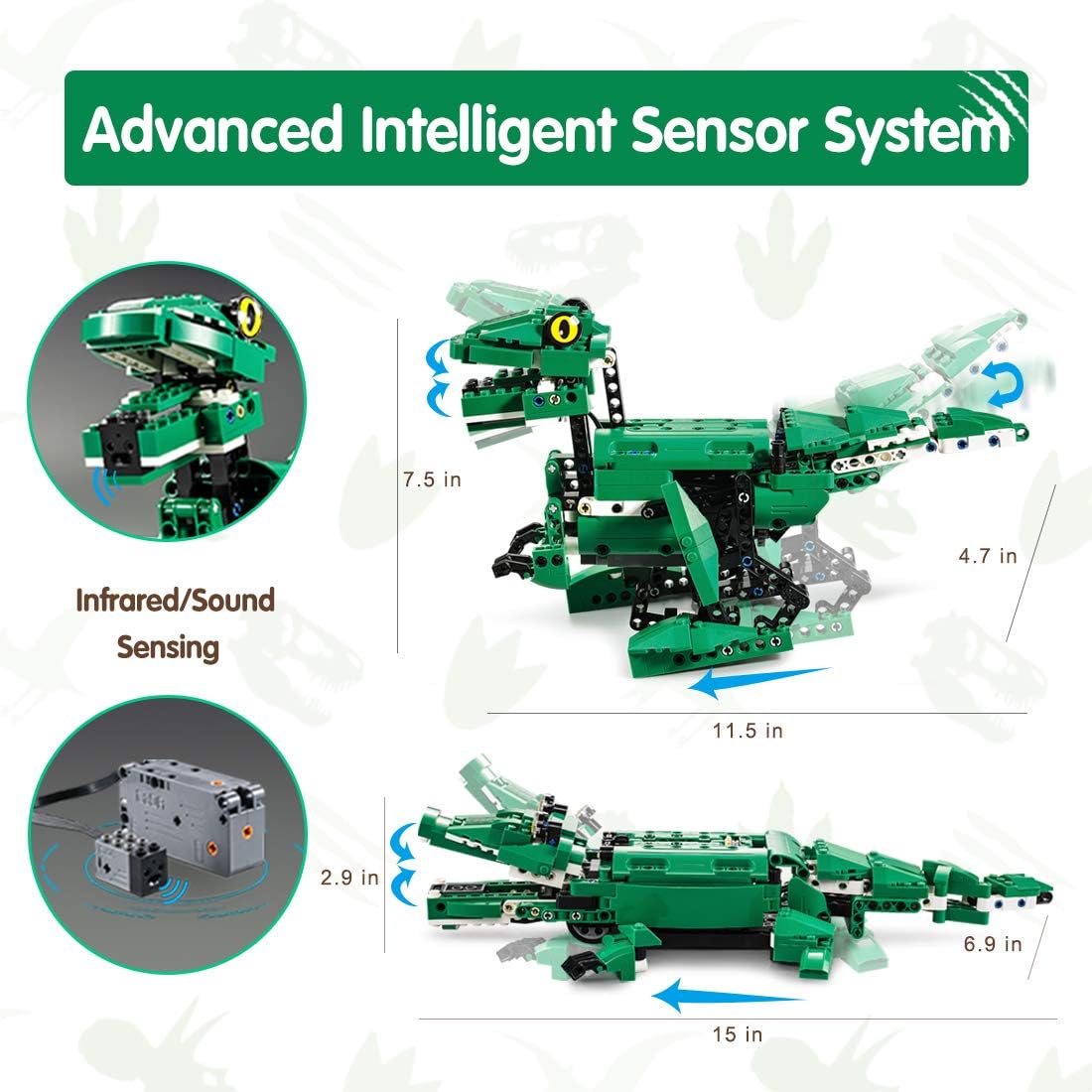 Diagram illustrating the advanced intelligent sensor system and dimensions of the VERTOY dinosaur and crocodile models.