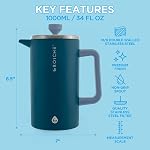 GROSCHE Dublin Machine à café en acier inoxydable, 18/8 double paroi en acier inox Presse française avec échelle de mesure, brassage chaud et froid, marque canadienne! - 8 Coupe 34 fl. oz, bleu de montagne