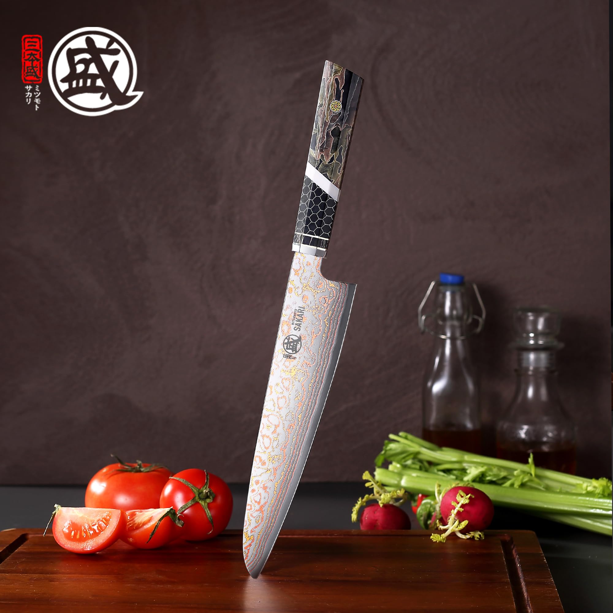 MITSUMOTO SAKARI Nóż Gyuto 21 cm, Nóż Szefa Kuchni z Damasceńskiej Stali | Uniwersalny Nóż Kuchenny, Wysokiej Twardości HRC 60±1, Ręcznie Kutym Rdzeniem Stalowym