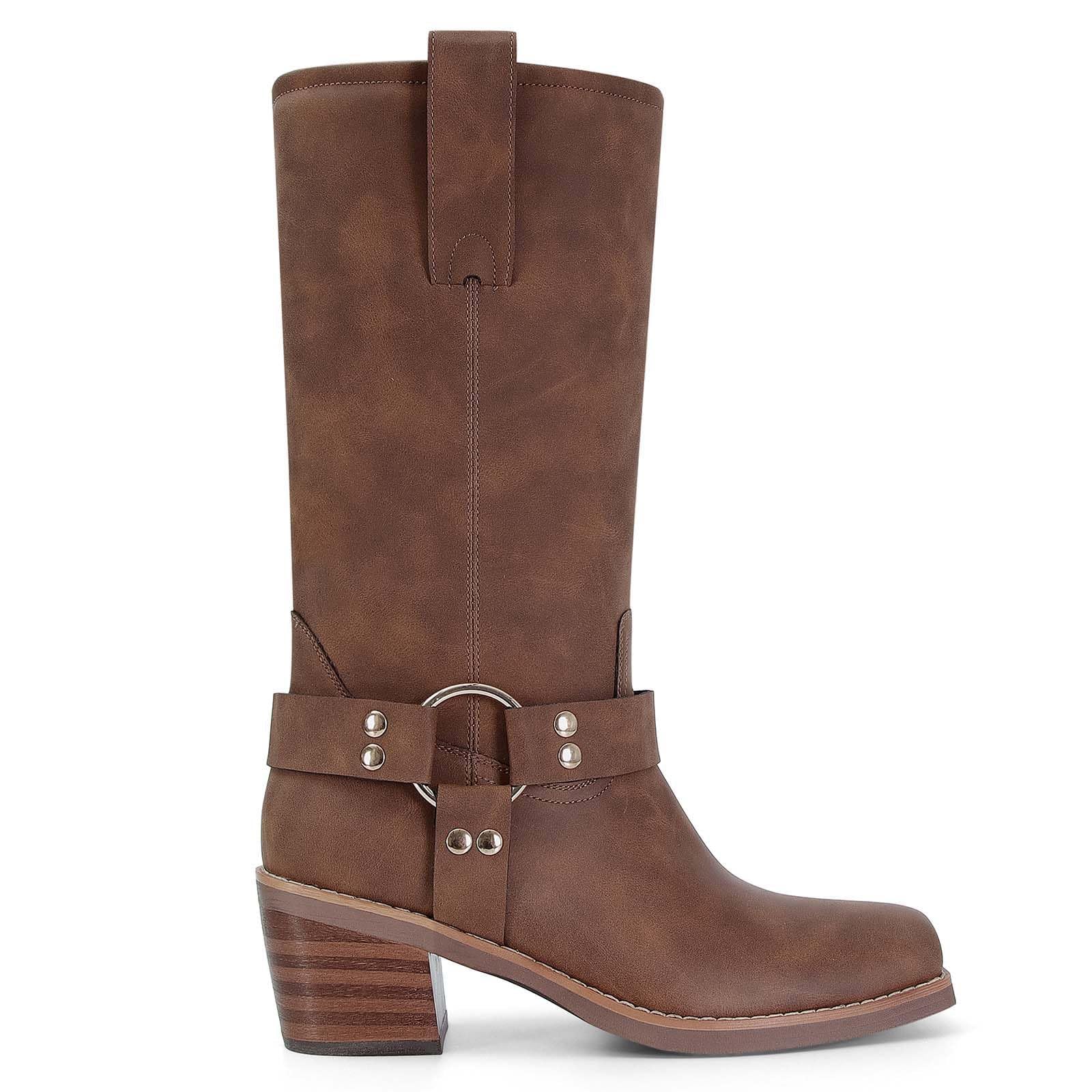 MICIFA Suede Mid Calf Boots for Women Square Toe Chunky Block Heel Slouch Riding Campus Boots Pull On