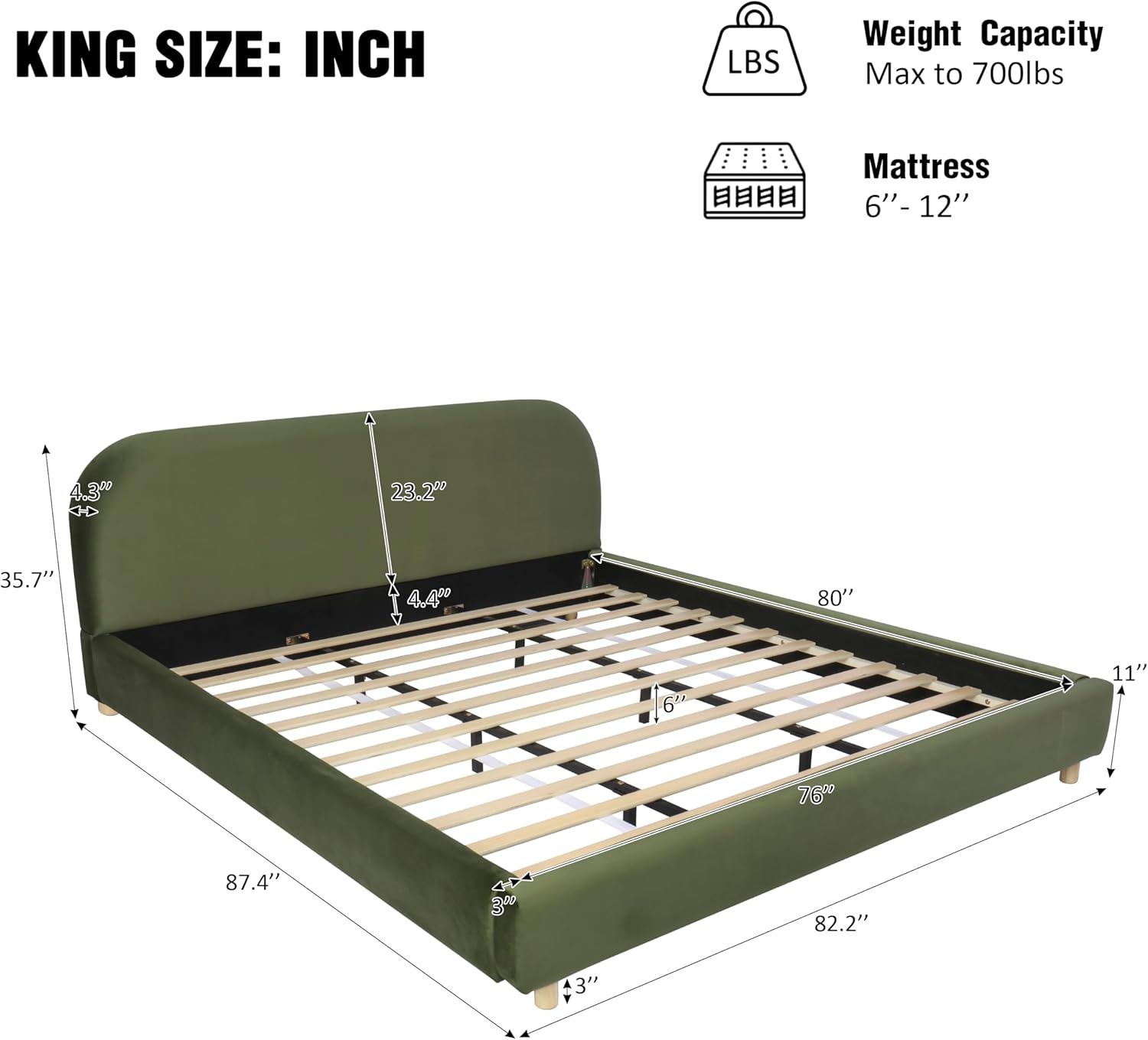 Merax King Size Teddy Fleece Thick Fabric Upholstered Platform Bed with Curved Shaped Headboard, Wood Bed Frame with Solid Round Legs for Kids Teens Adults, Olive Green