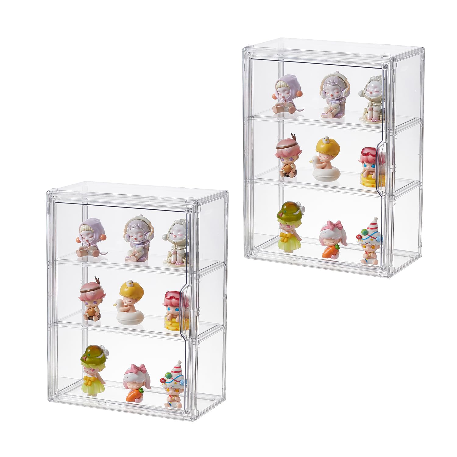 3 Tiers Clear Acrylic Display Case, Plastic Storage Bins with 2 Adjustable Divider and Magnetic Door,Stackable Display Box for Figures Showcase (2pack)