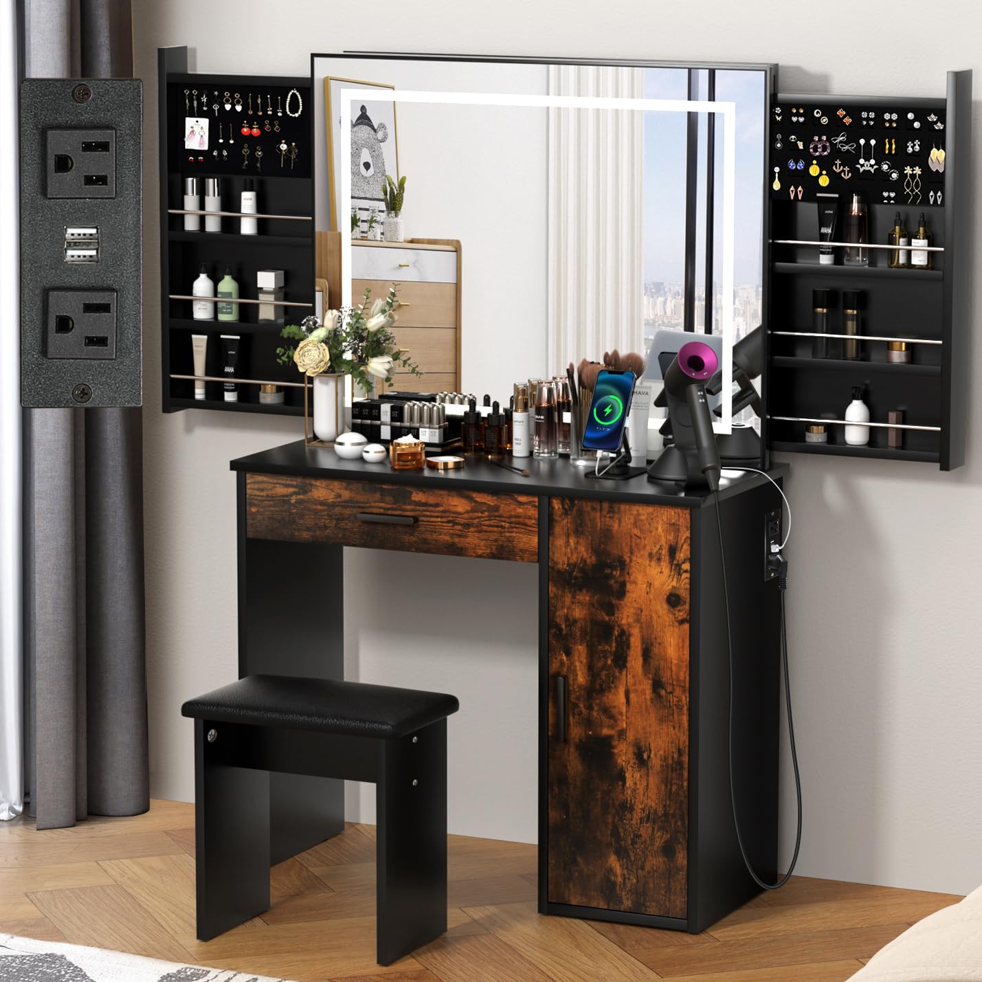 SMOOLMakeup Vanity Table with Large LED Mirror & Power Outlet, 3 Color Lighted Modes Adjustable Brightness, Desk Slidding Storage, Drawer Cabinet, for Bedroom(Rustic Brown) 35.4''