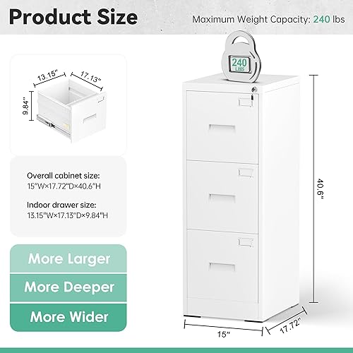 Miniatura 3 de Bonusall Archivador vertical con cerradura de 3 cajones de bloqueo vertical, archivador de oficina de metal, organizador horizontal con estante 10