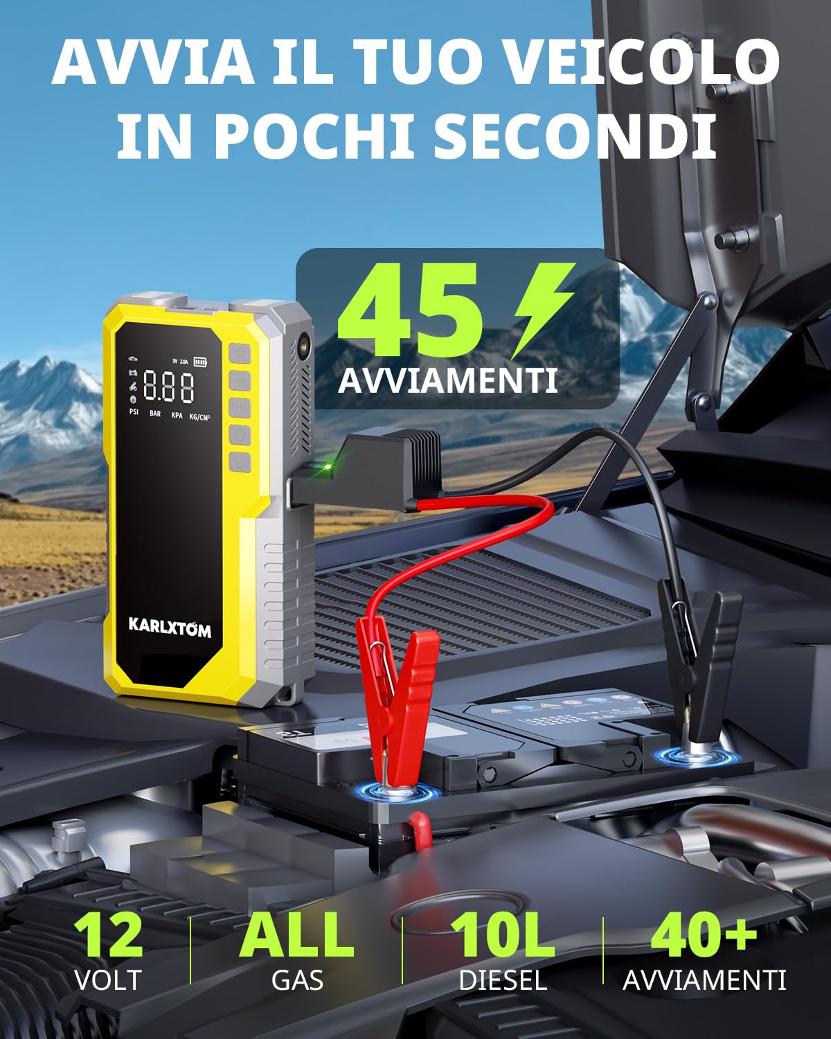 Karlxtom Booster Avviamento Auto con Compressore 190PSI, 12V Avviatore Batteria Auto (Tutto Gas/10L Diesel), Ingresso/Uscita Alimentazione di Avviamento e Luce LED da 500 LUM, Display LCD
