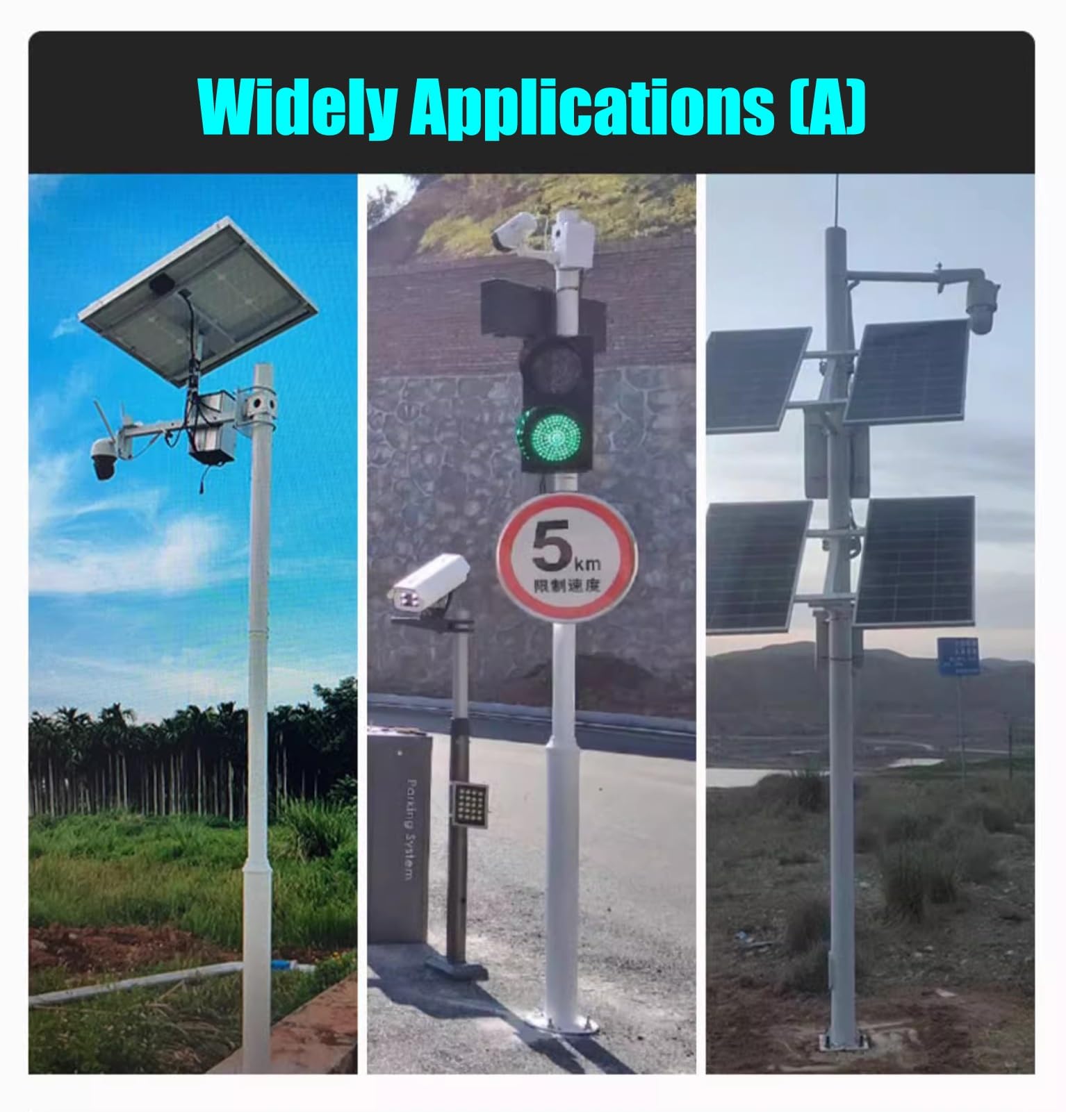 Blazea Security Camera Pole for Outdoor, Solar Panels Camera Mount with Ground Stake, White Sectional Surveillance Camera Rack Stand Round Post(ligjt Grey,4.5m (14.8ft))