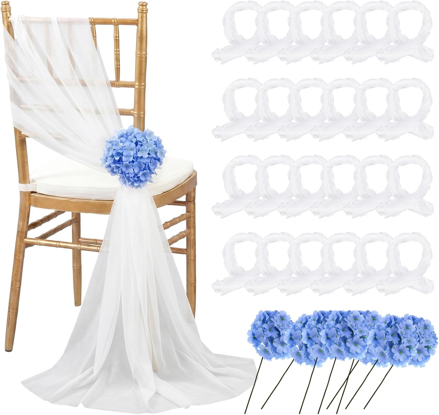 Yinder 48 Pcs Wedding Blue Hydrangea Chair Sashes Aisle Decoration Set 9 ft Long Draping Fabric Sheer Church Chair Cover Bulk Decor for Wedding Bridal Shower