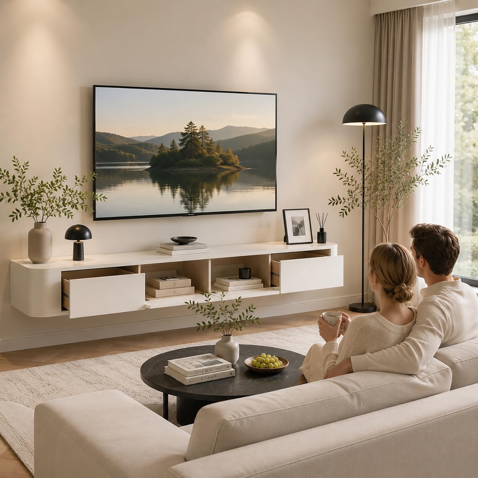 Schwebende TV Schrank 140cm Weiß, TV Lowboard Hängend mit 2 Schubladen & 1 Klappen Türen, TV Board Hängend mit Kabelmanagement, Hänge Sideboard für Wohnzimmer und Esszimmer