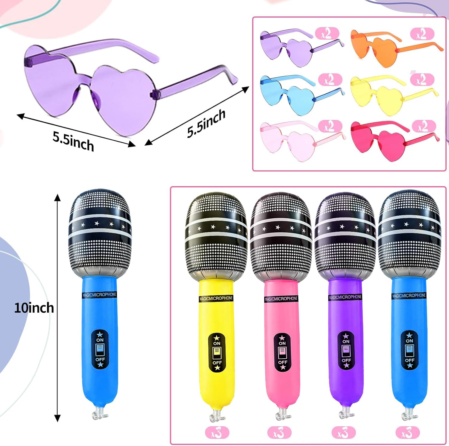 36pcs K-pop Party Favors, Kpop Party Supplies Set Includes 12Inflatable 12 Microphones Heart Sunglasses and 12Holographic Scrunchie, 80s 90s Cosplay Disco Stage Decoration Supplies