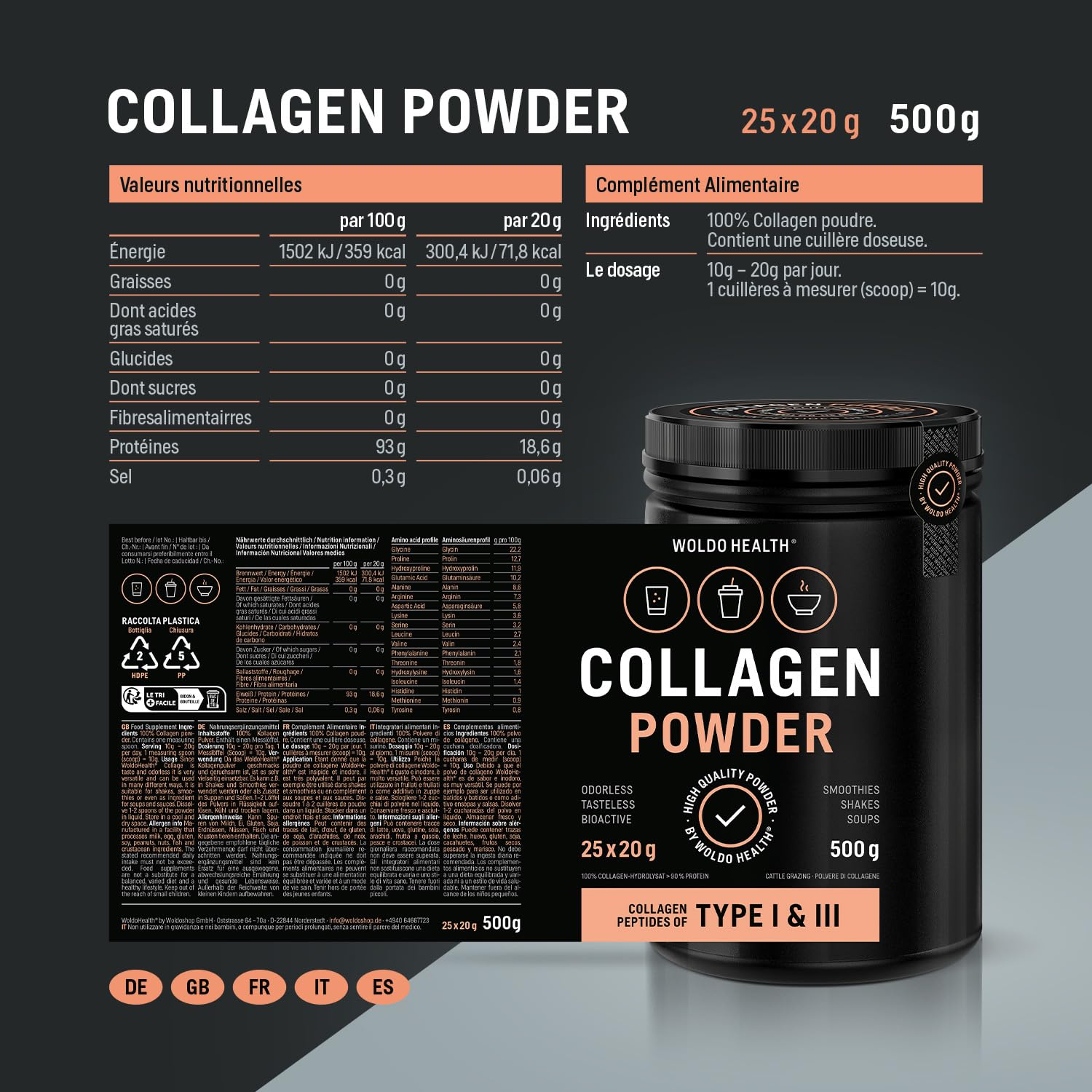 WoldoHealth Collagène Poudre 500g Bovin Hydrolysé - Protéine Neutre Peptides Type 1 & 3 pour Café & Shakes