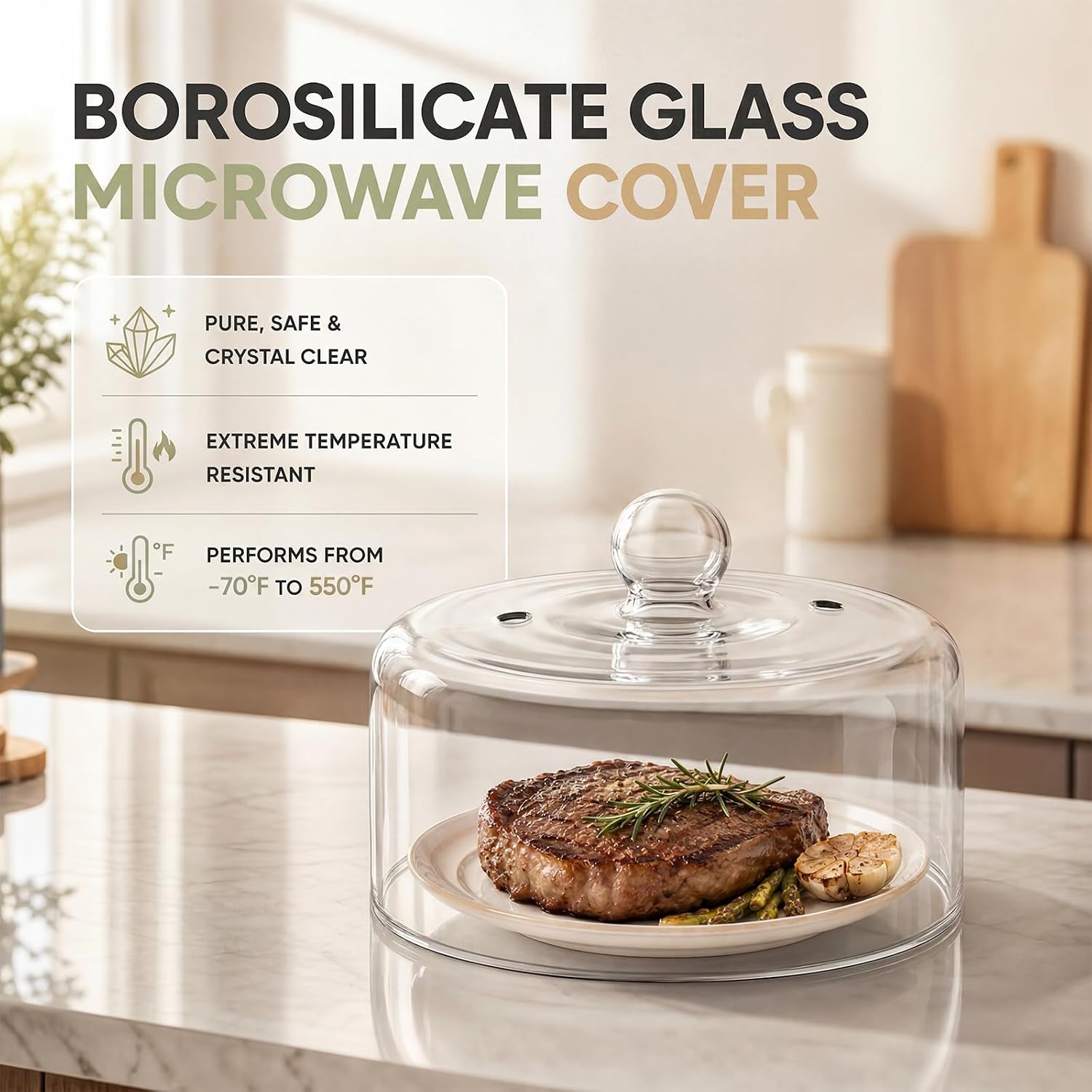 Microwave Safe Glass Food Cover with Knob, 8.2 Inch Clear Glass Cake Dome Cover for Plate, Cake, Dessert and Fruit, Tall Reusable Glass Cover for Microwave and Countertop