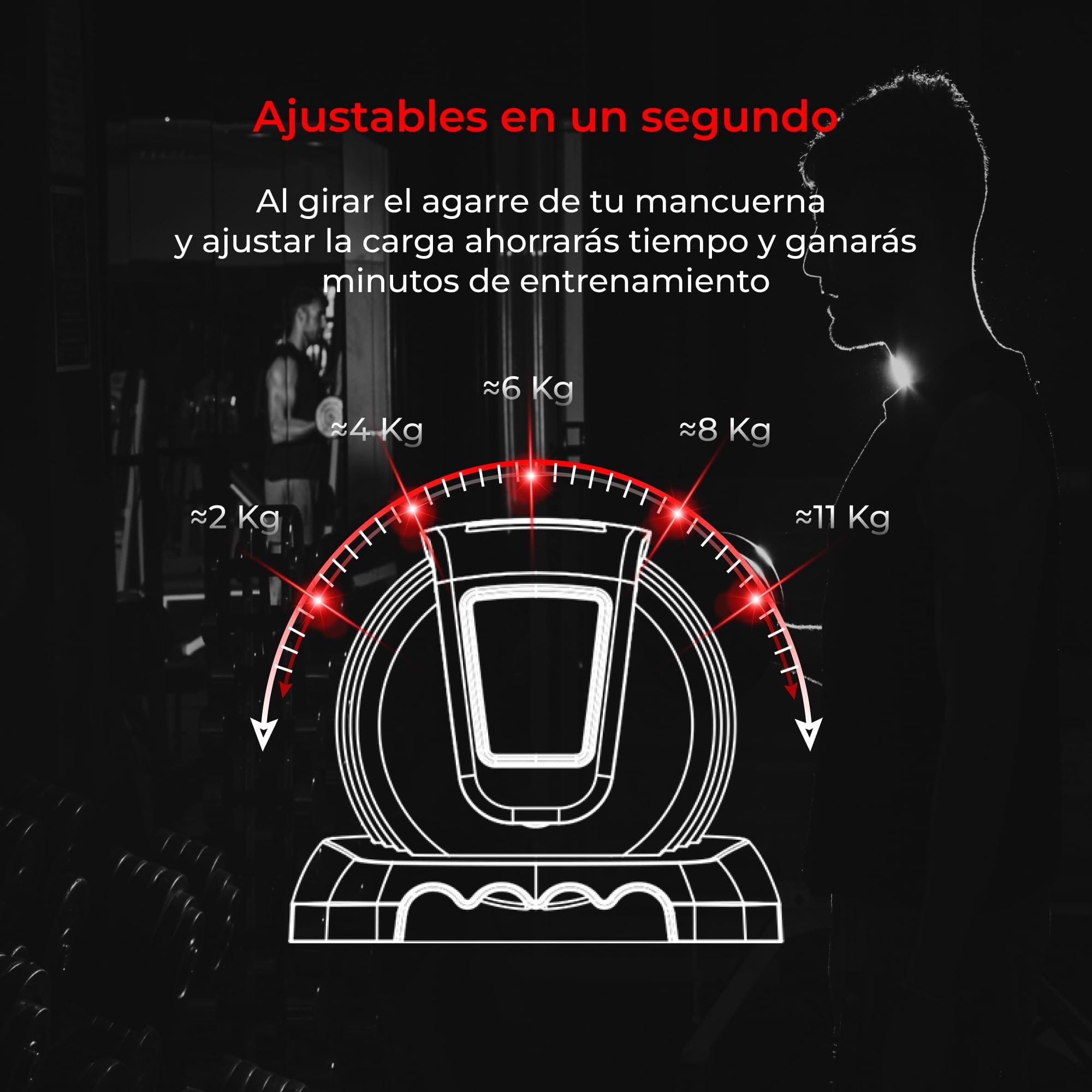 KSIX Mancuerna ajustables 11kg, 8 Pesos ajustables, Entrenamientos de musculación indoor, Pesa regulable hasta 11kg, Agarre ergonómico, Para gimnasio o hacer deporte en casa