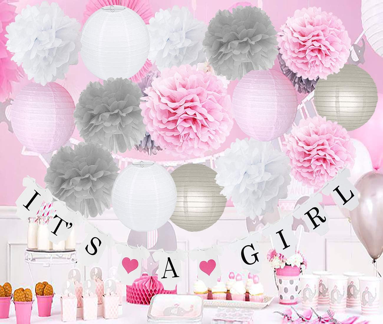 Pink Grey Baby Shower Decorations Girl Birthday Decoration Pink Grey Tissue Paper Flower/It's A Grirl Banner for Baby Shower Decorations Girl