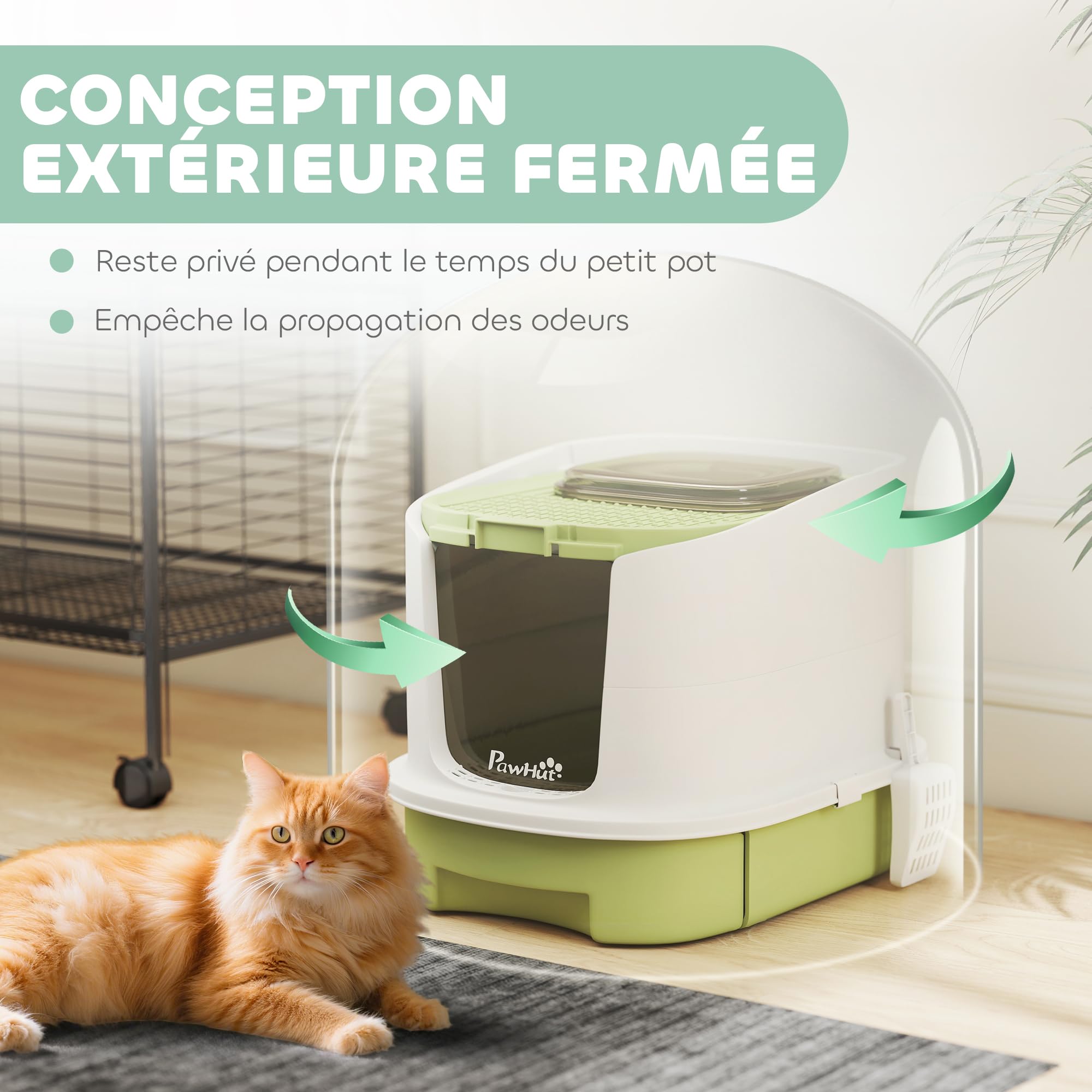 PawHut Maison de Toilette pour Chat Bac à Litière Fermé avec Pelle Vert