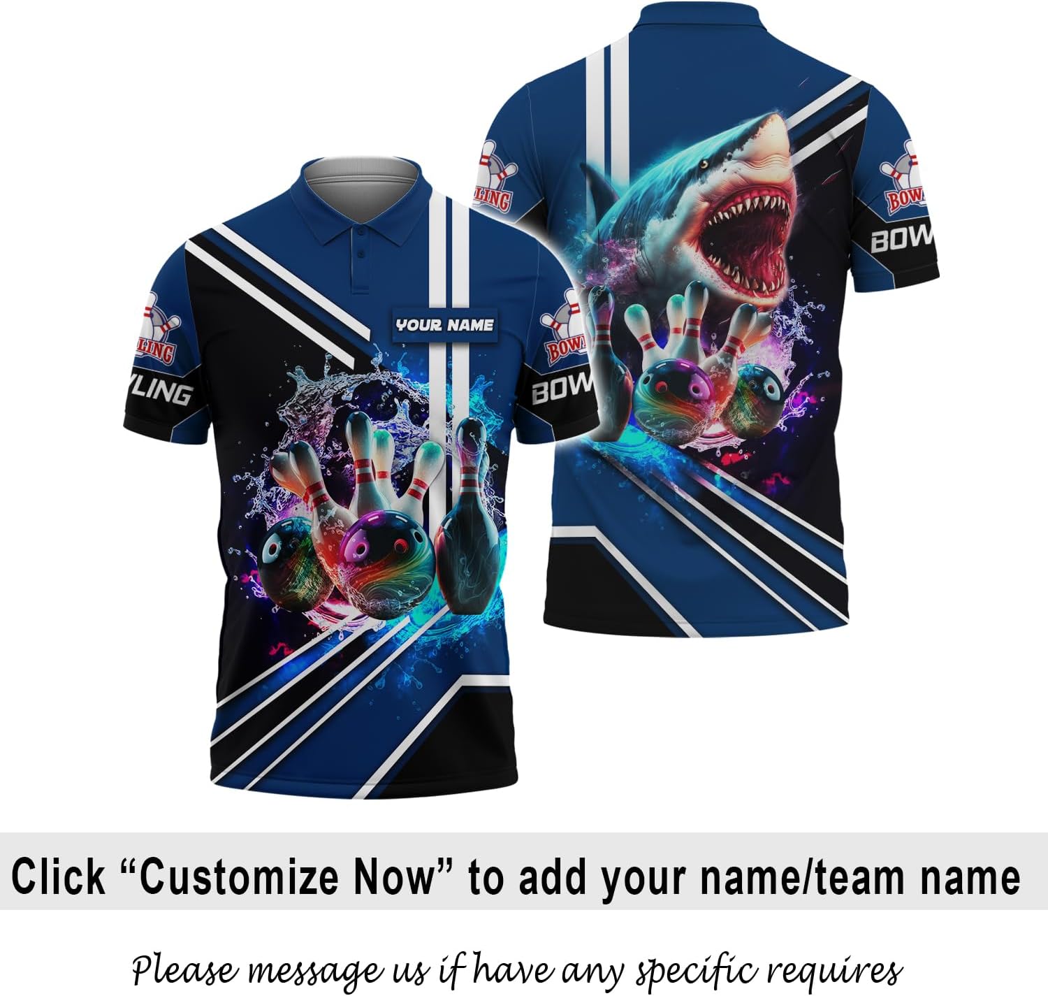 3D Printed Custom Large Mouth Shark Bowling Polo Bowl Pins and Ball Short Sleeve Shirt Gift for Professional Bowlers