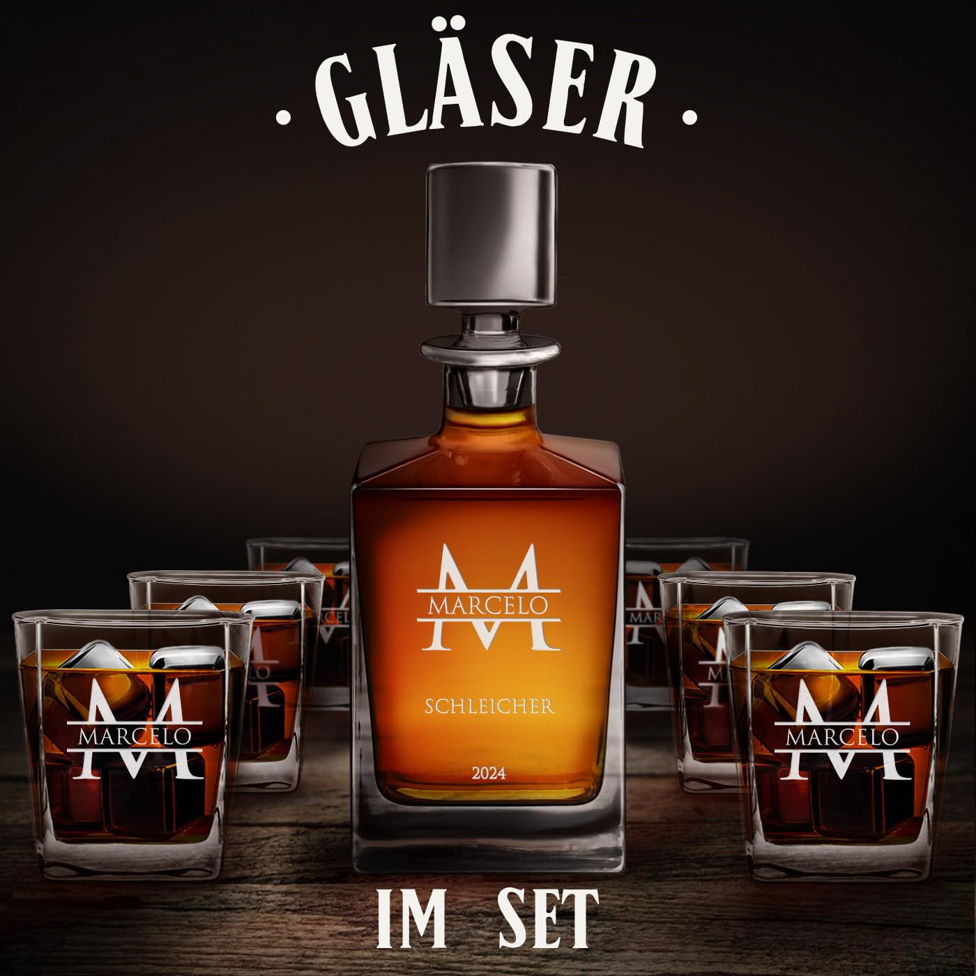 Maverton Whiskey Dekanter 810 ml, 6er Whisky Gläser Set mit Gravur
