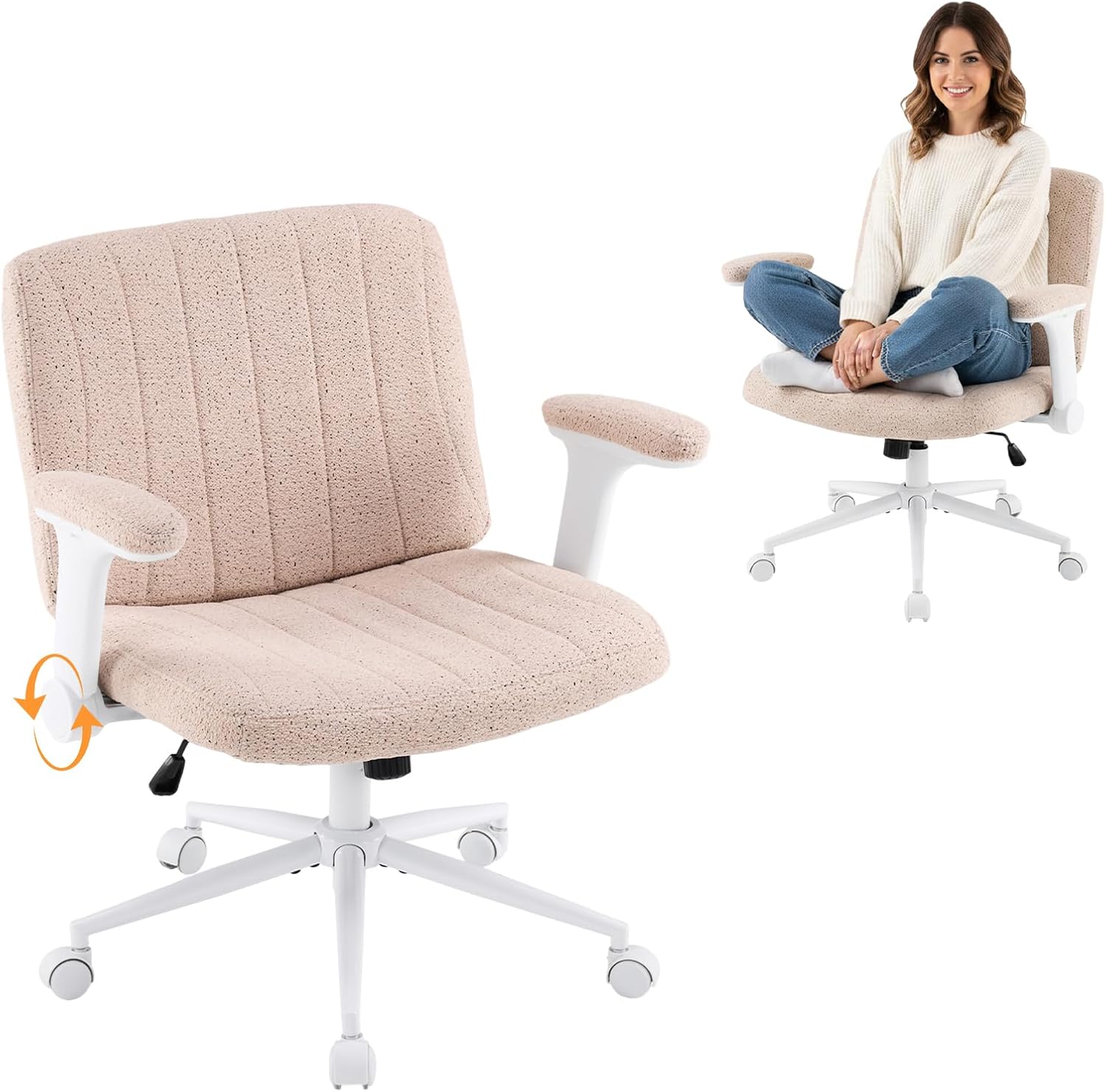 VINGLI Criss Cross Chair with Adjustable Flip-Up Arms,Cross Legged Chair with Wheels,Extra Wide Office Chair,Desk Chair for Home Office,Vanity,Bedroom, Apartment,Starry Chenille,Pink