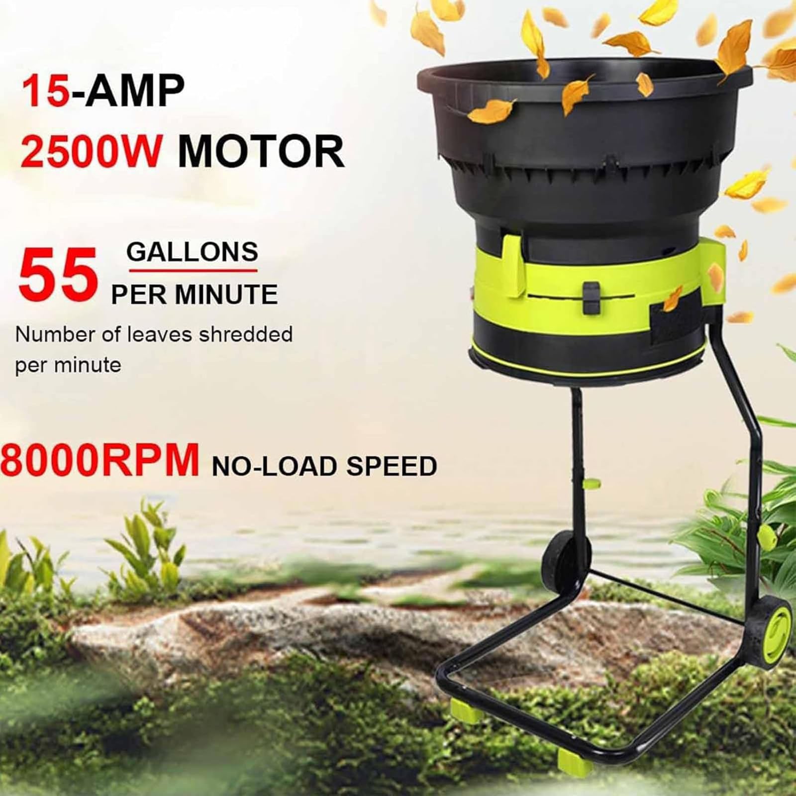 Trituradora Hojas Eléctrica 2500 W con Ruedas 8000 RPM, Trituradora Compost para Jardín, Trituradora De Hojas, Tolva De 54 Cm De Ancho para Agujas De Pino Y Paja Nopowercord
