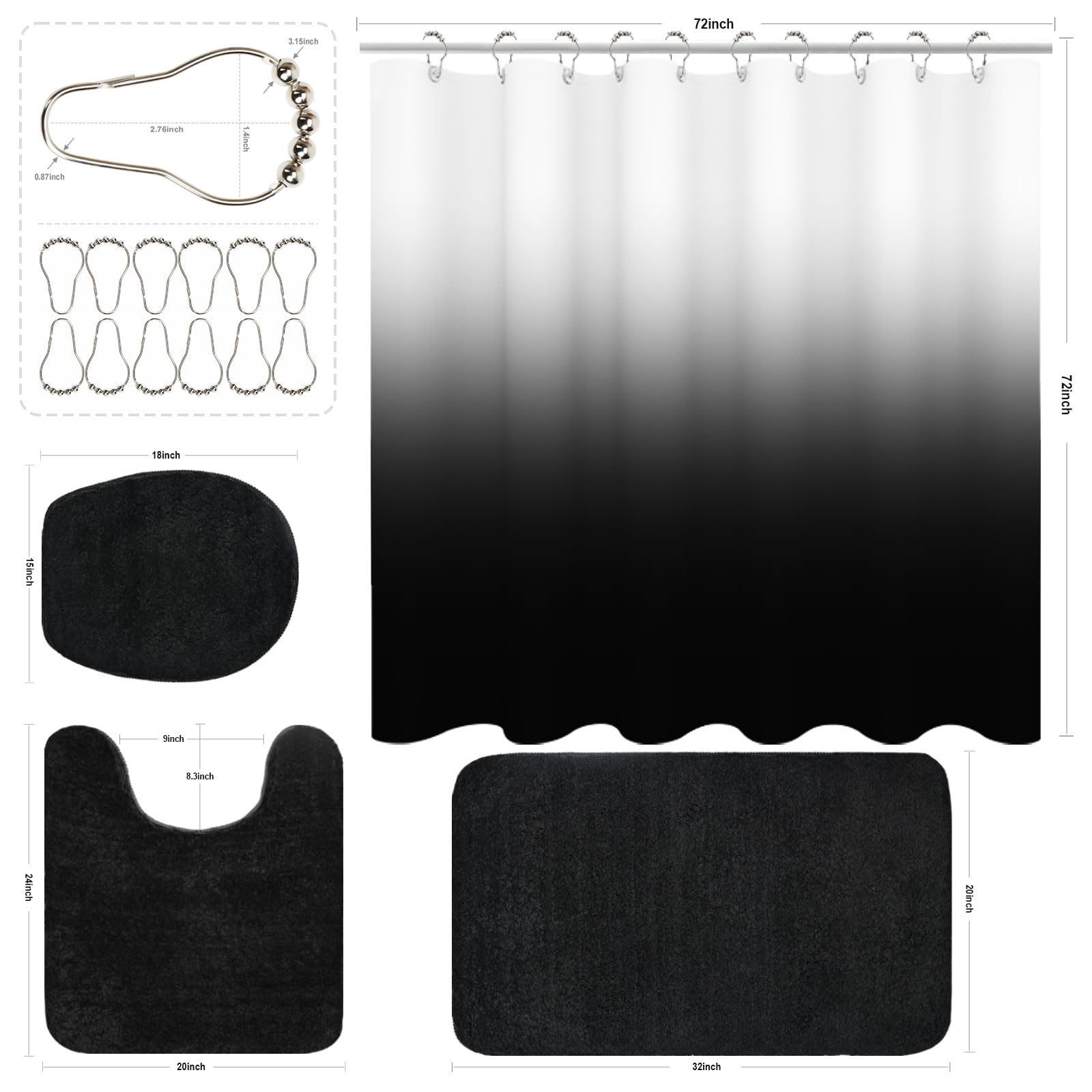Schwarzes Badezimmer-Set mit Duschvorhang und Teppichen und rutschfesten U-förmigen WC-Vorhängen Set 4-teilig für moderne Luxus-Badezimmer-Dekoration