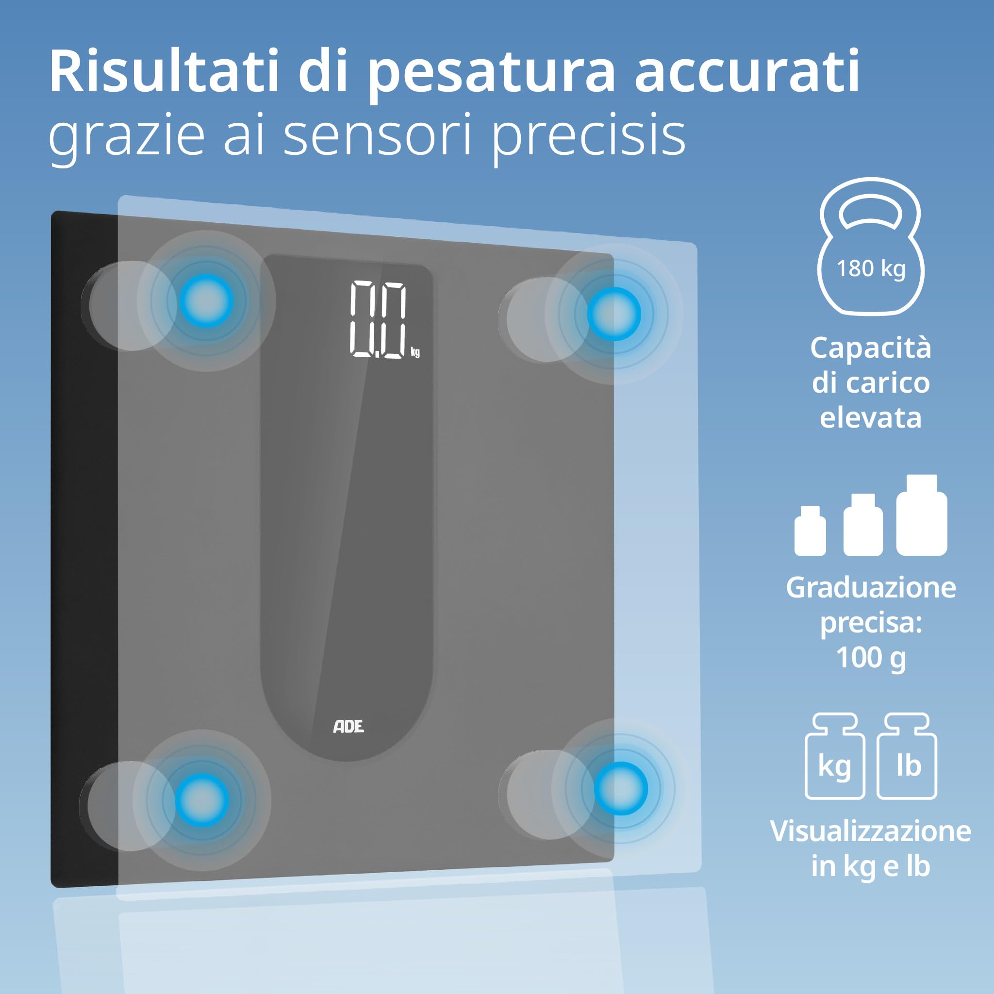 ADE Bilancia pesapersone digitale | ampio display LED ad alto contrasto | superficie antiscivolo in vetro di sicurezza | risultato di pesatura preciso | elegante superficie opaca nera | fino a 180 kg