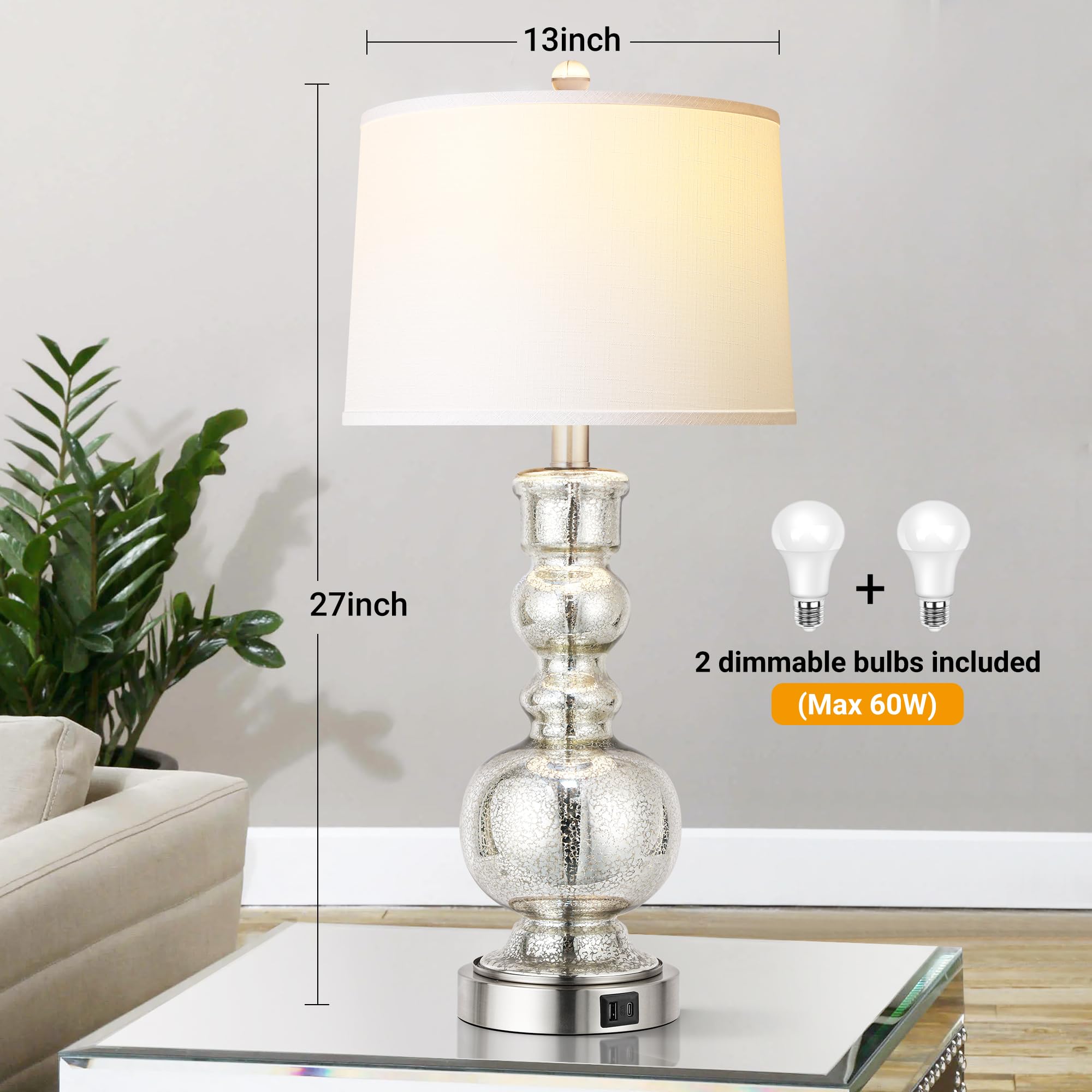 3-Way Dimmable Touch Control Mercury Glass Lamps Set of 2 for Bedroom with USB A+C Contemporary Silver Living Room Lamps Modern Nightstand Lamps with White Lampshades(Bulbs Included)