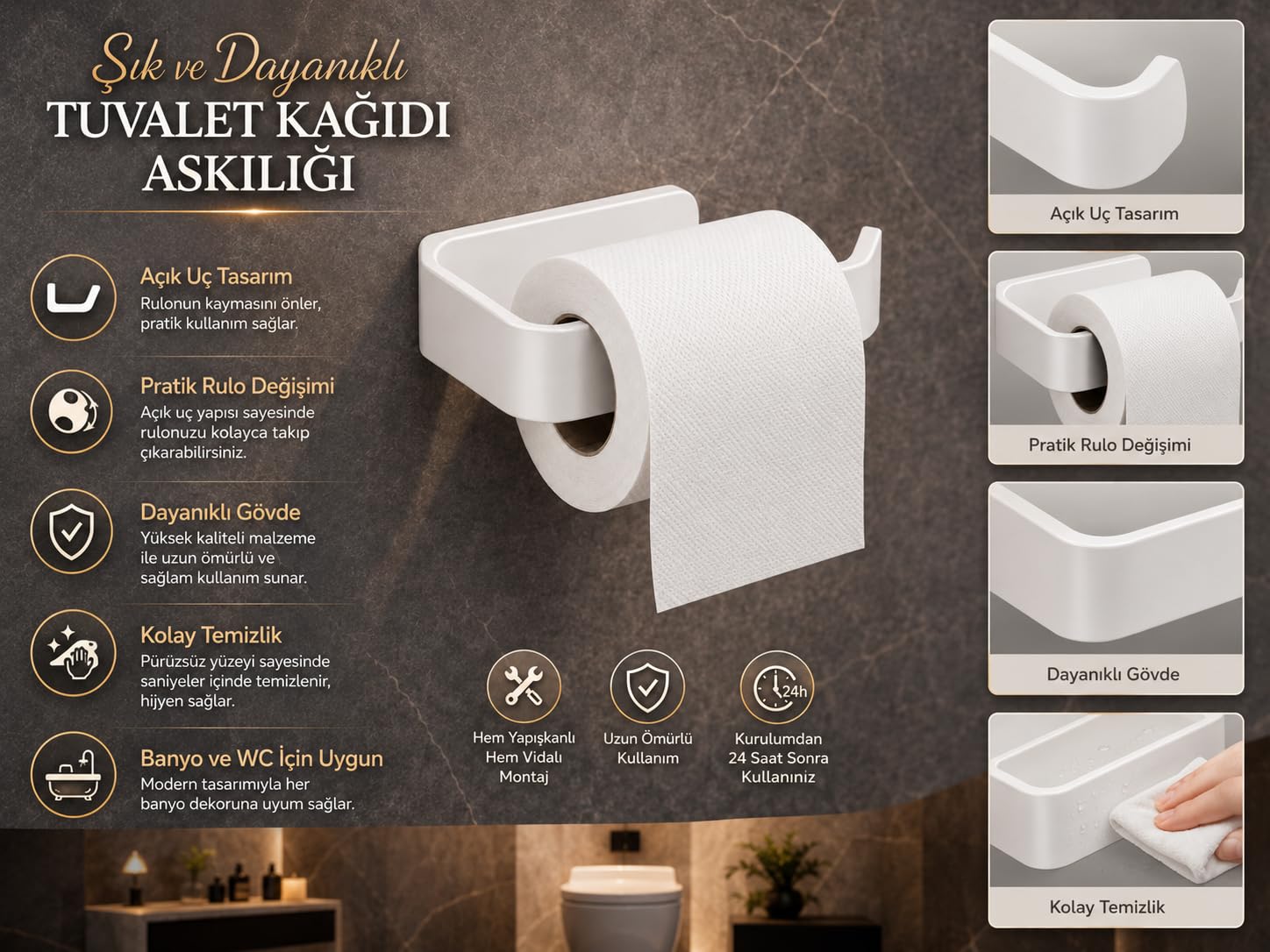 Alper Banyo Beyaz Lamalı Tuvalet Kağıtlığı, WC Kağıt Askılığı, Hem Yapışkanlı Hem Vidalı Montajlı, Açık Uç Tasarımlı Banyo Tuvalet Kağıdı Tutucu