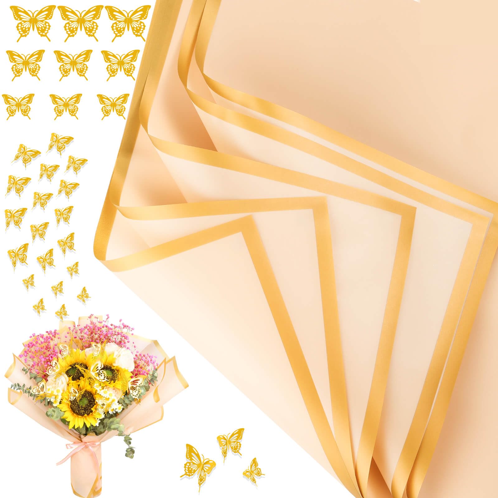 cridoz 20 Sheets Flower Bouquet Wrapping Paper with 12 Pieces Gold Butterfly Decorations for Flower Bouquets(Champagne) — image 1