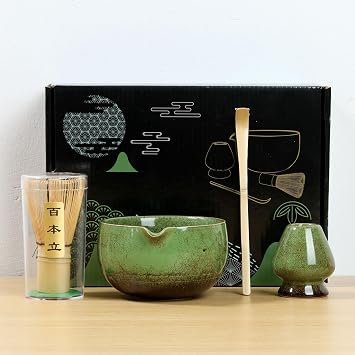 4Pcs Matcha Whisk Set Matcha Bowl Kit Elegant Japanese Matcha Tea Set Includes 500ml Ceramic Bowl, Bamboo Whisk and Holder, Scoop Matcha Making Kit for Tea LoversGreen