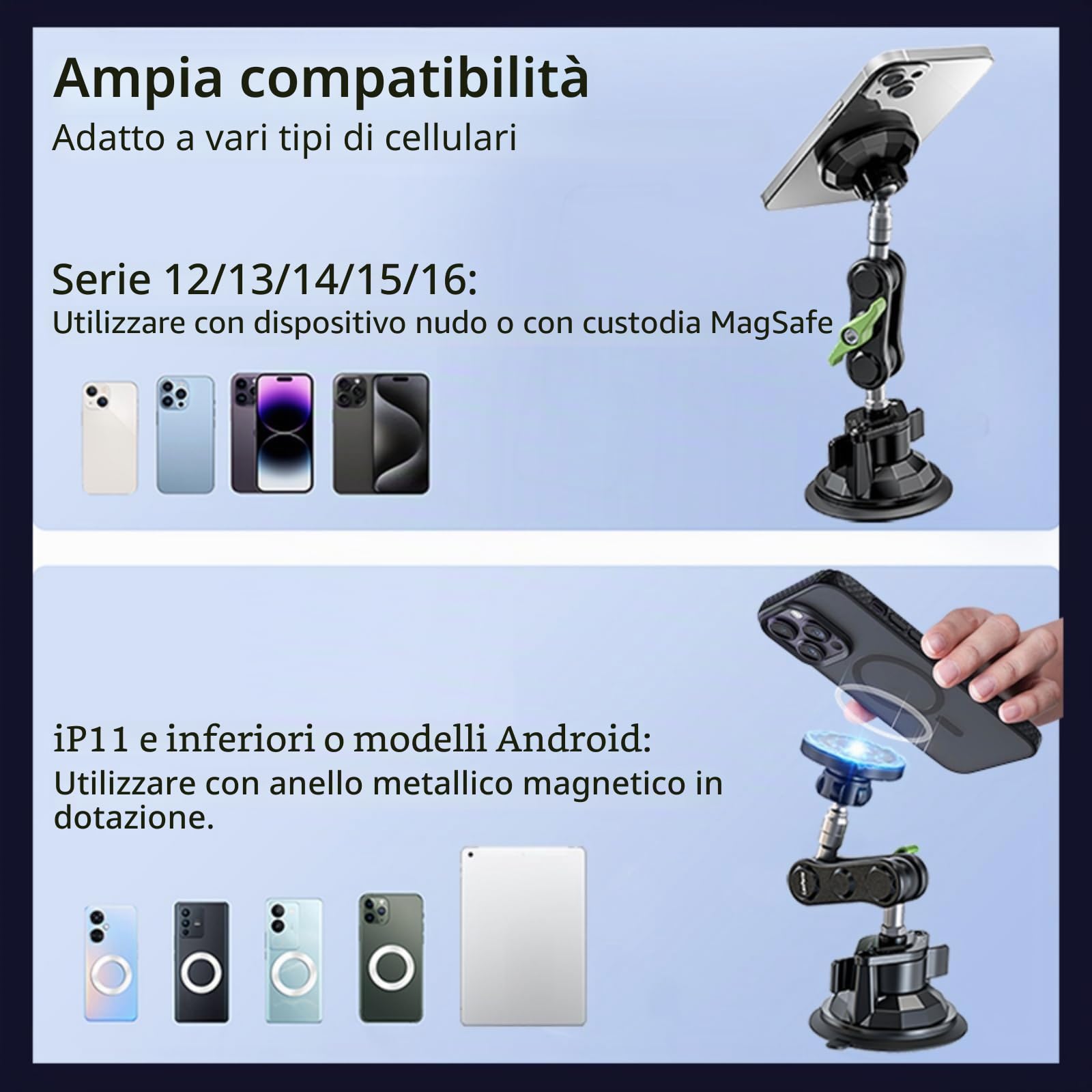EMEBAY Supporto Magnetico per Auto, Lega di Alluminio Resistente al Calore | per Cruscotto/Parabrezza, Supporto per Telefono da Auto per Smartphone/Telecamere, Stabile, Anti-vibrazione a 360°
