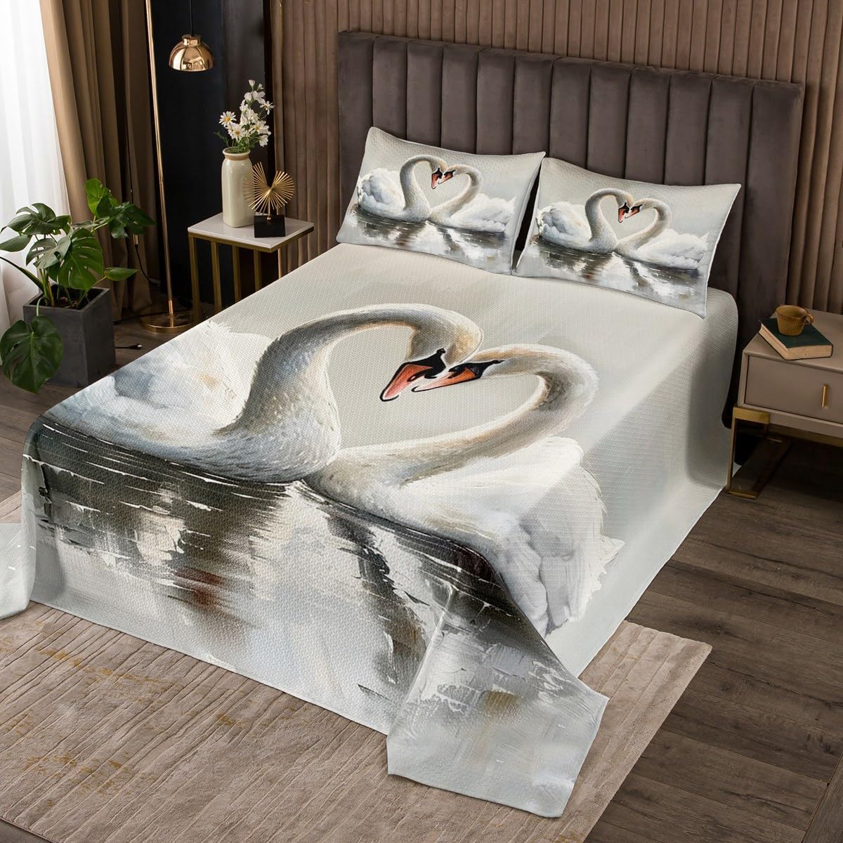 Erosebridal Vintage Swan Bedspread Set King Classical Animal Coverlet Set for Kids Adult Swan Waterfowl Farmhouse Bedding Set Zwaan Wild Animals Oil Painting Bed Set