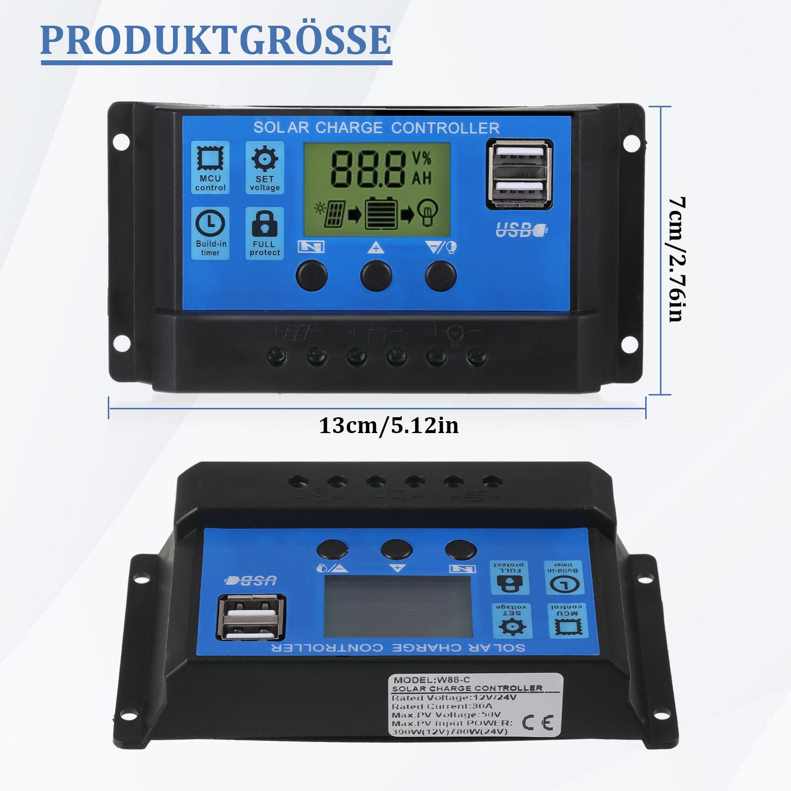 Régulateur de Charge Solaire 30 A 12 V/24 V,Contrôleur de Charge Solaire, Régulateur Intelligent de Panneau Solaire, Contrôleur Solaire Intelligent Avec Écran Lcd, Port USB Pour Batteries Au Plomb