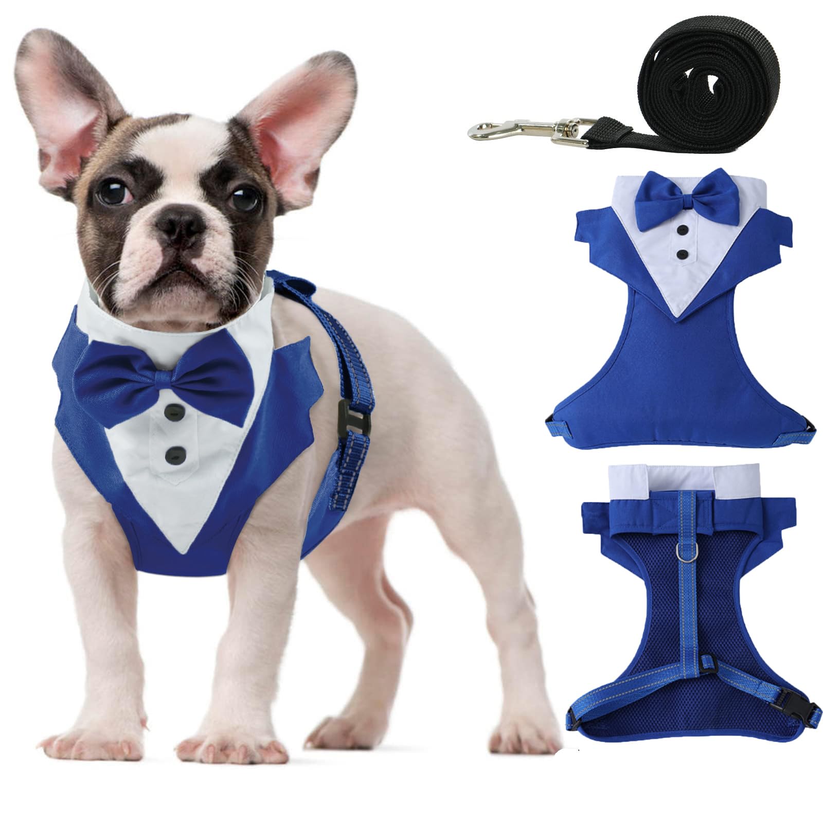OUOBOB Tuxedo Dog Harness, Dog Vest with No Pull Dog Leash, Formal Puppy Harness with Bow Tie for Wedding, Breathable Mesh Dog Tuxedo Vest Harness, Pet Harness for Small Medium Dogs, Birthday Walking — image 1