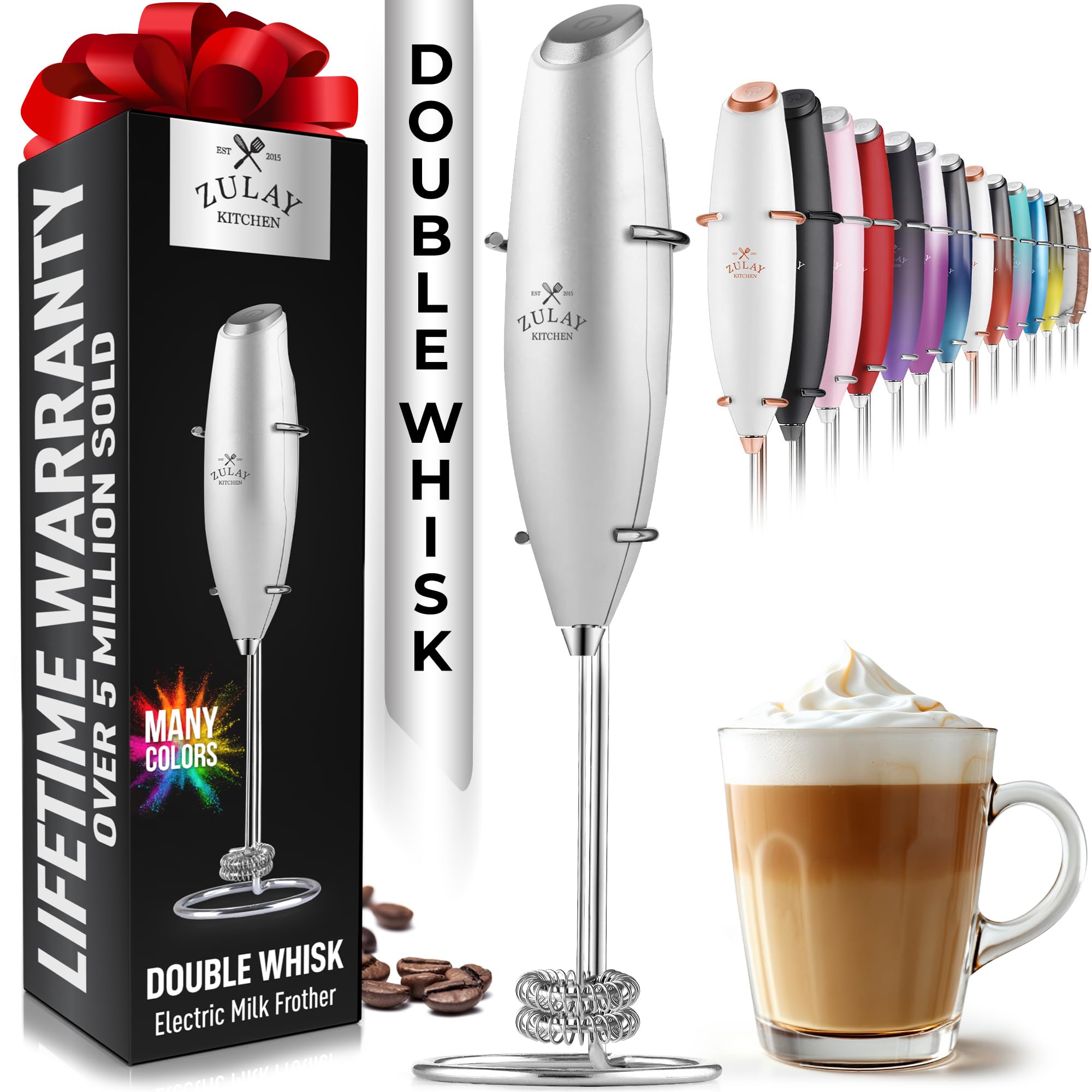 Zulay Kitchen Powerful Double Whisk Milk Frother Handheld - Foam Maker With Stand - Whisk Drink Mixer for Coffee, Mini Foamer for Latte, Matcha, Frappe, Hot Chocolate & Cappuccino (Silver)