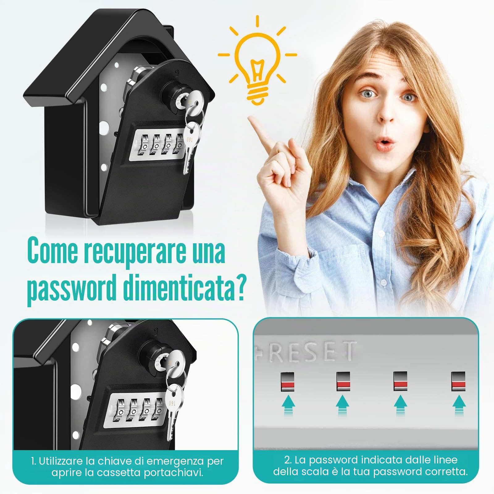 Cassaforte per Chiavi Grand Cassetta Chiavi Esterno Combinazione a 4 Cifre e Emergenza Chiave, Cassetta Sicurezza Chiavi Muro per Casa (Nero)
