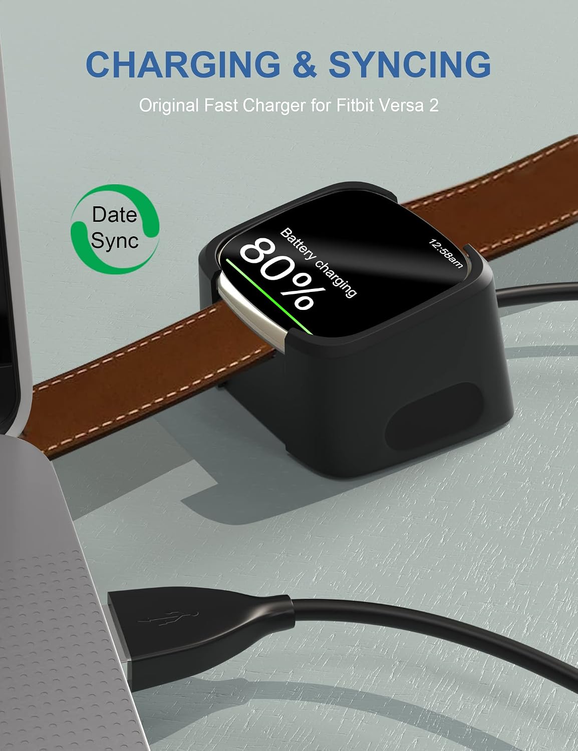 3.3Ft USB Charger Compatible with Fitbit Versa 2 Charger Dock Anti-Slip Replacement Smartwatch Charging Cable Stand(not for Fitbit Versa/Versa Lite)