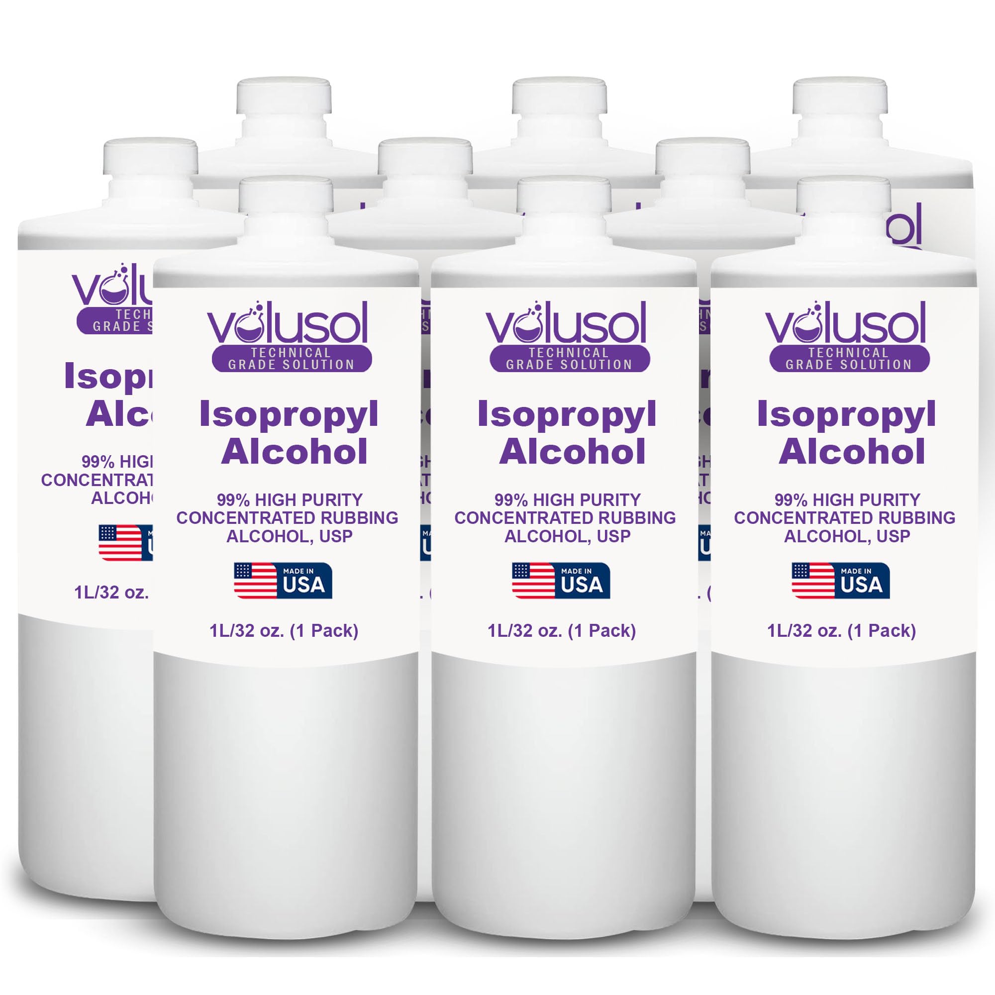Volu-Sol Isopropyl Alcohol 99% (Isopropanol) - High Purity, USP | Kosher Grade IPA for Lab Equipment, Electronics, & Medical Cleaning - Clear Bottle, 1L/ 32 oz. (9 Pack)