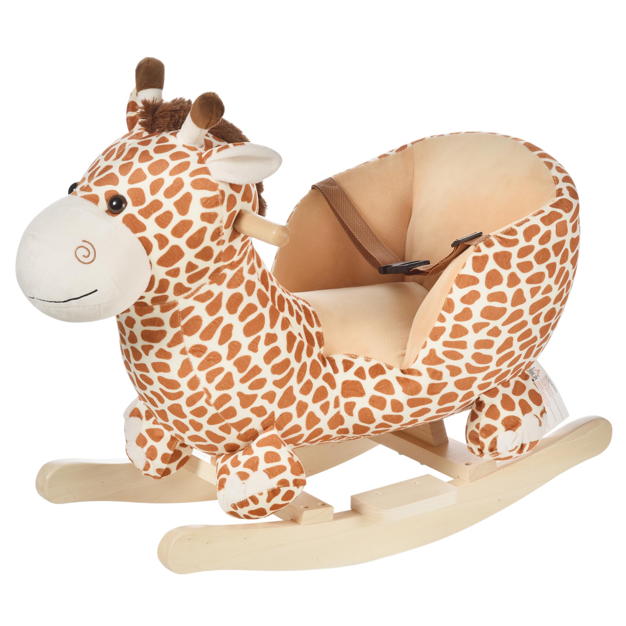 HOMCOM Caballito Balancín Bebé +18 Meses Balancín Peluche Madera con 32 Canciones Cinturón de Seguridad Girafa de Peluche 60x33x45cm
