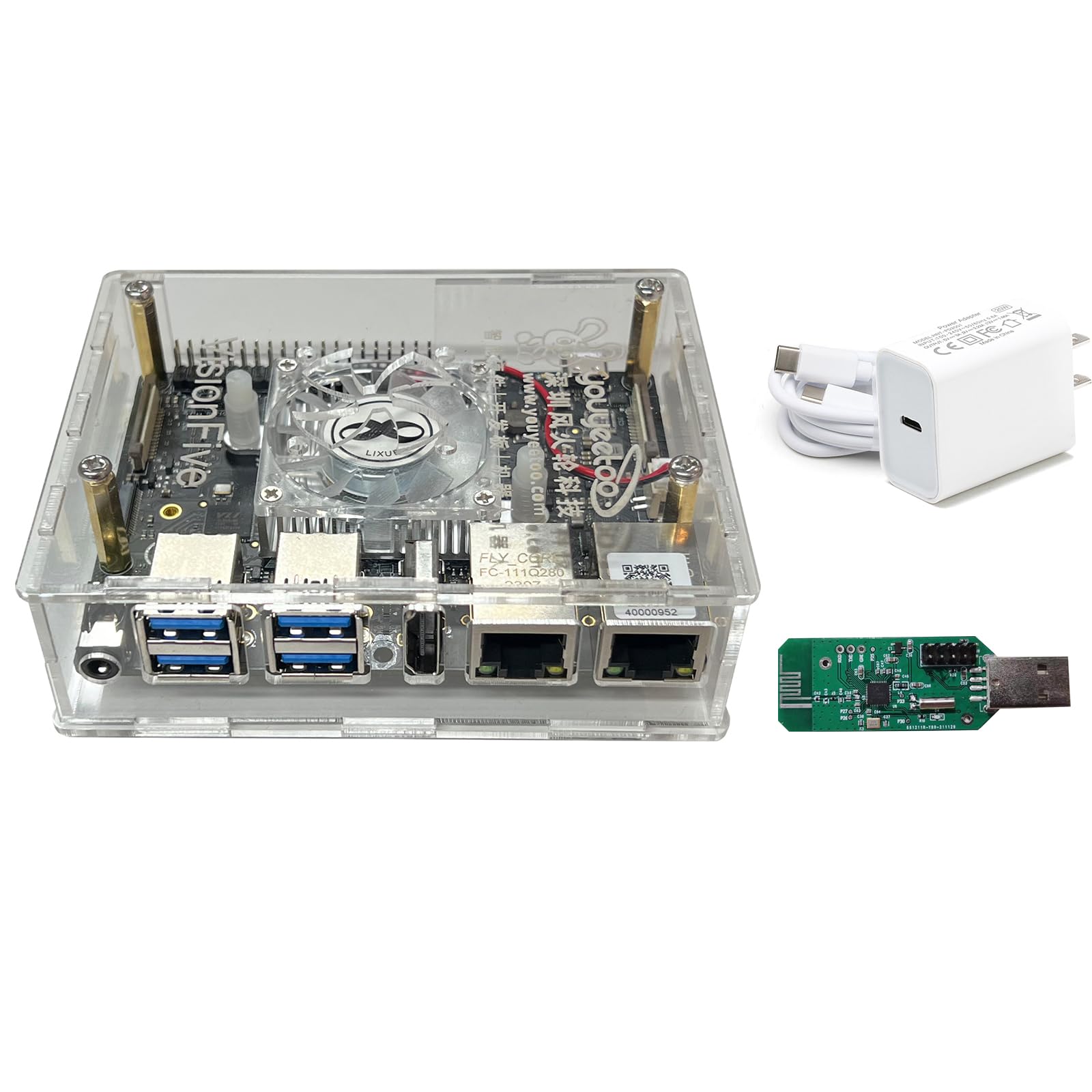youyeetoo VisionFive2 Ver. 1.3B RISC-V Single Board Computer, 4GB RAM with WiFi 6 USB Dongle, PD Power, Acrylic Case, Fan Cooler - RISC-V Development SBC Mainboard Motherboad Support NAS Openwrt